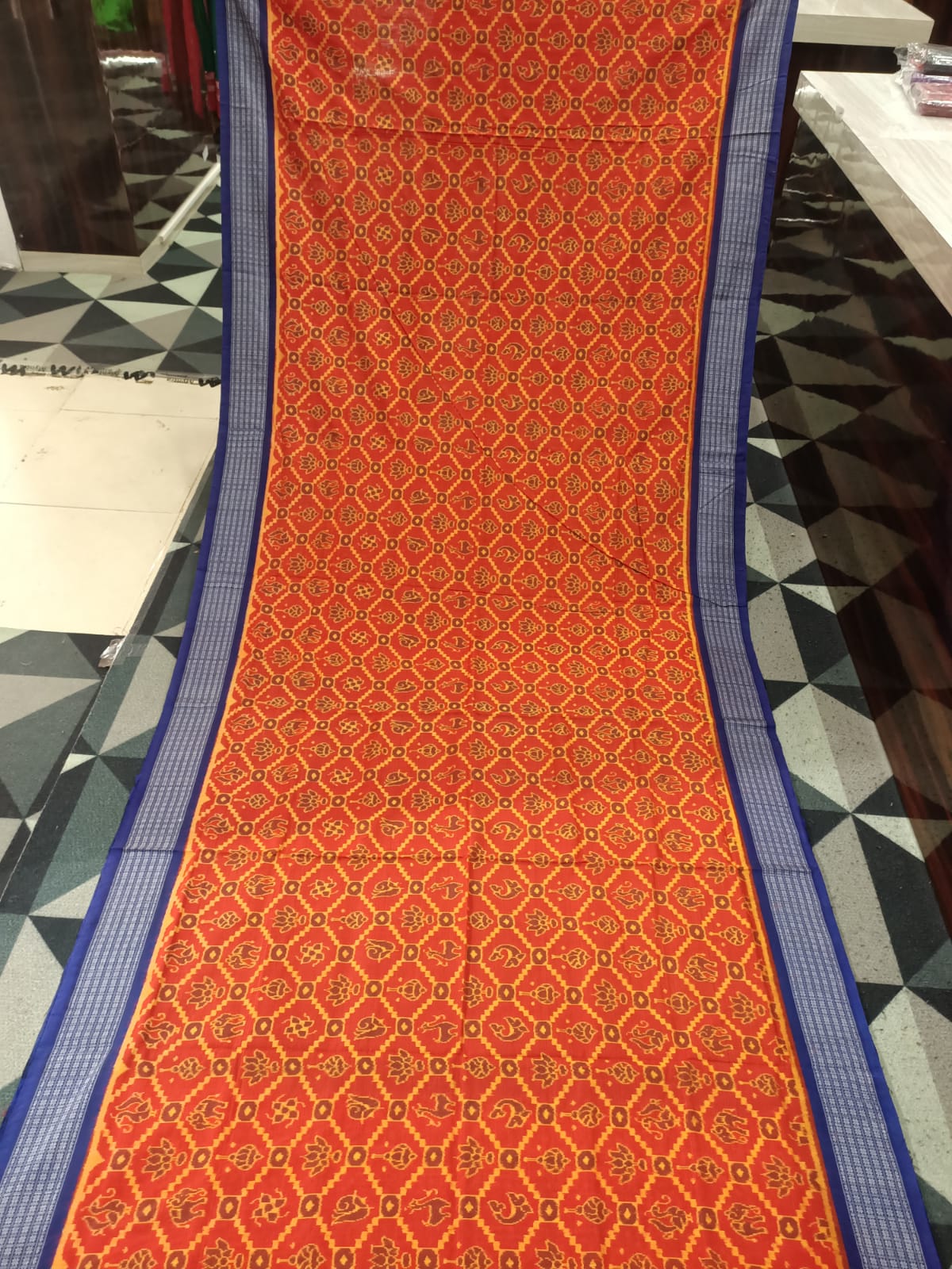 Orange Blue Traditional Motive Design Sambalpuri Cotton Saree