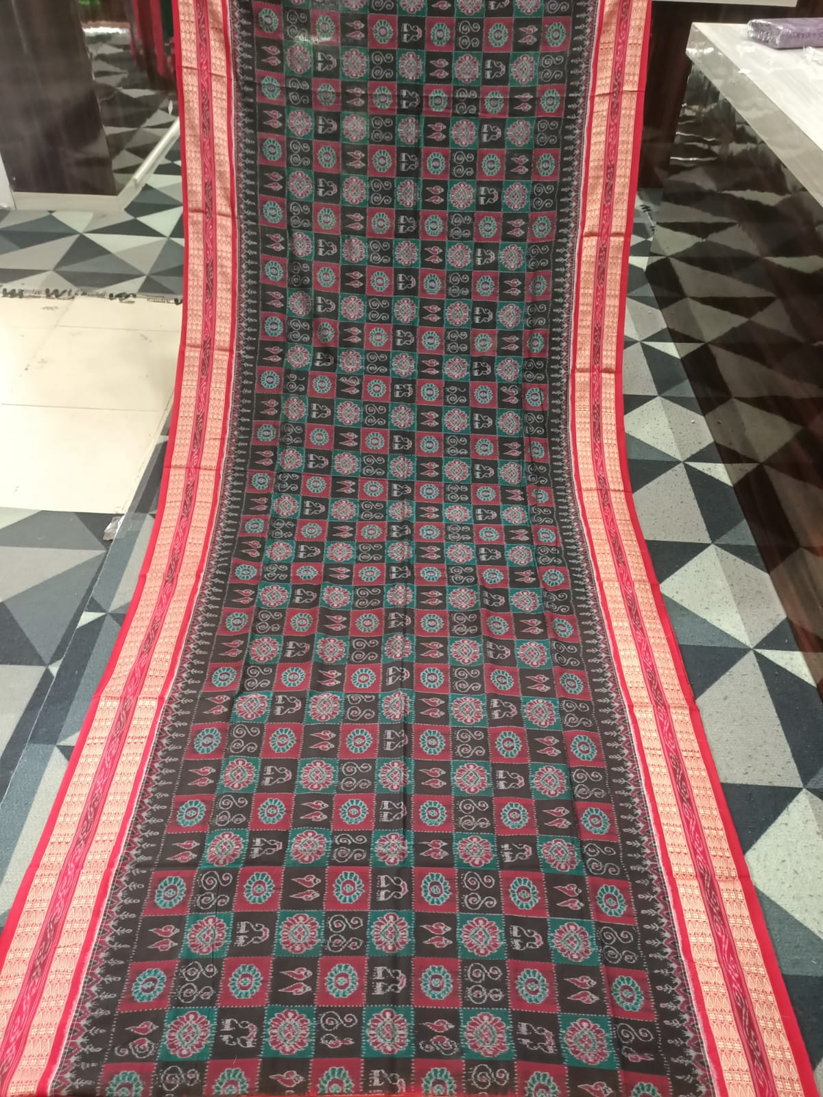 Black Red Laxmi Pada Jhoti Design Sambalpuri Cotton Saree