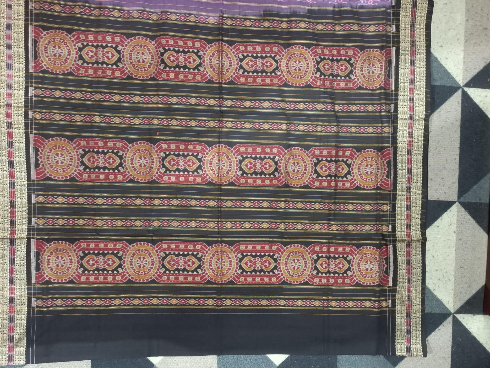 Purple Black Animal Design Sambalpuri Cotton Saree