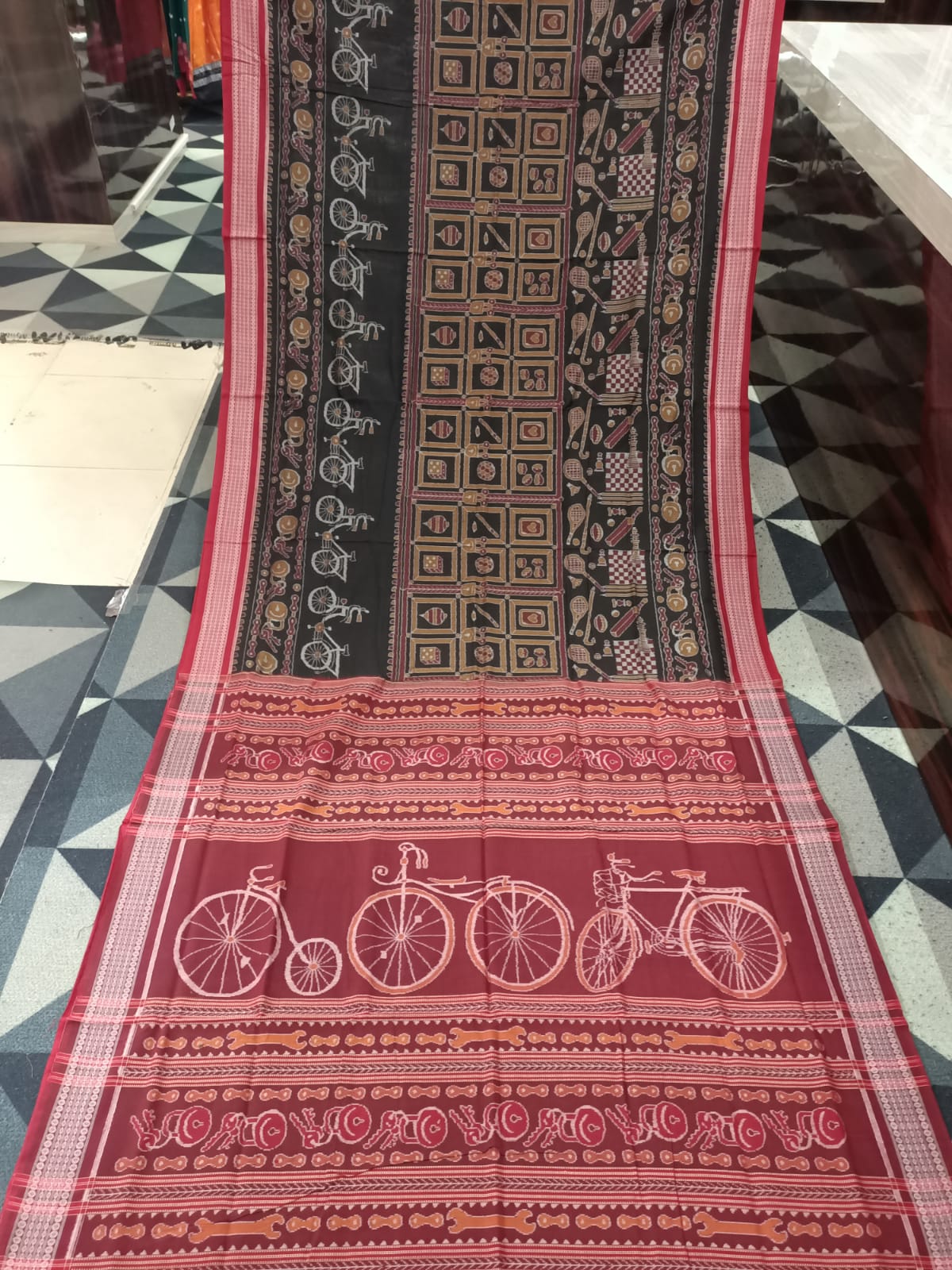 Black Maroon Bicycle Design Sambalpuri Cotton Saree
