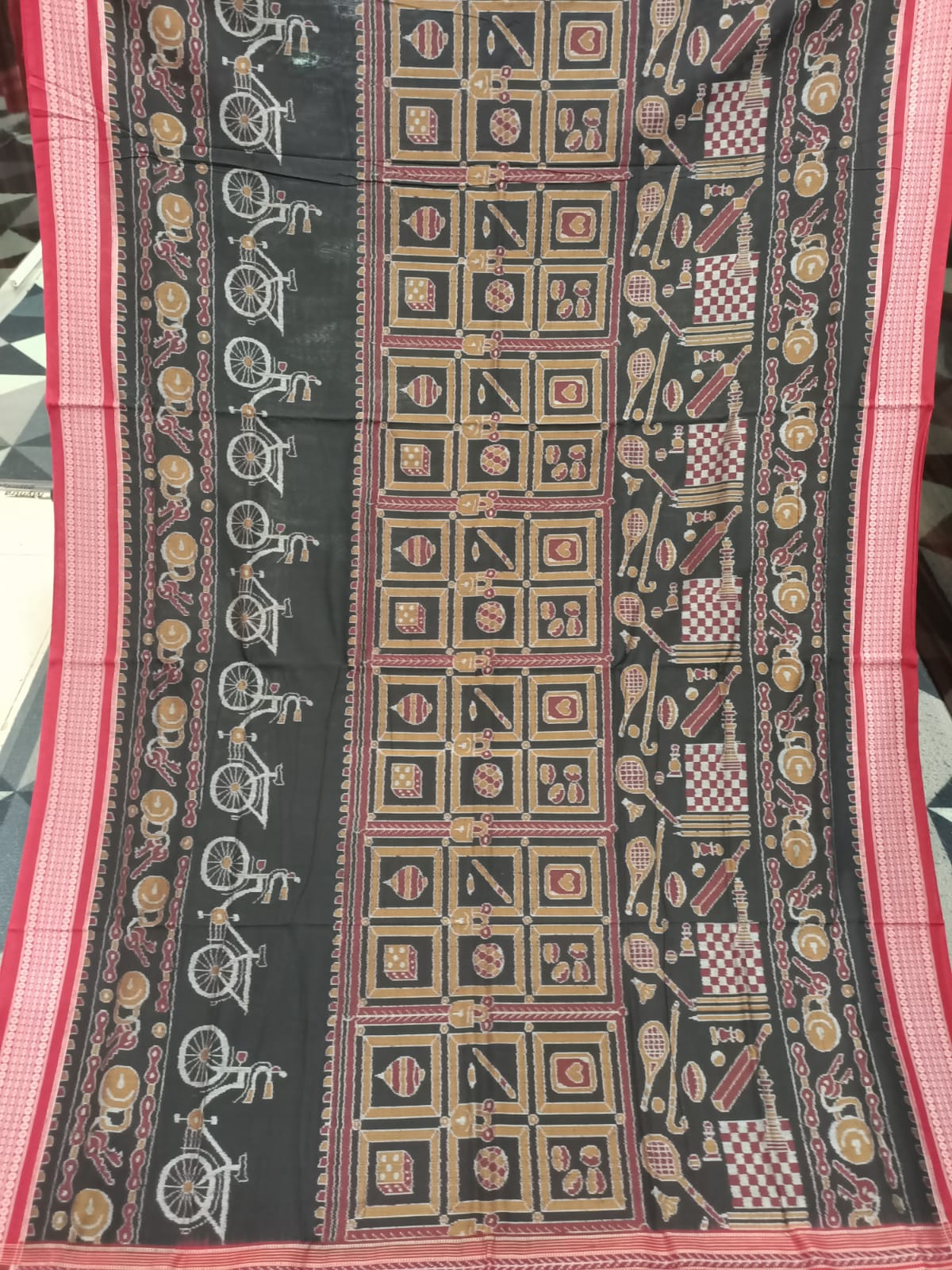 Black Maroon Bicycle Design Sambalpuri Cotton Saree