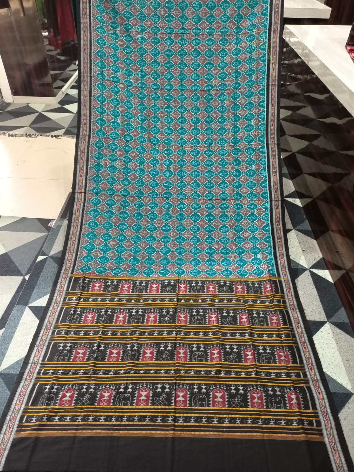 Rama Green Black Tribal Design Sambalpuri Cotton Saree