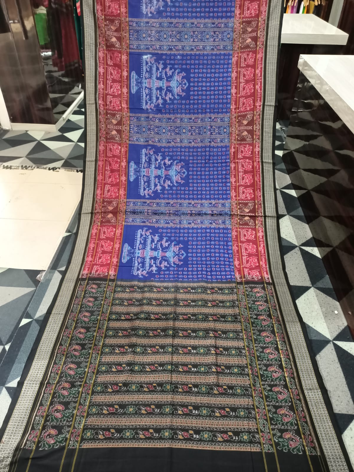 Blue Maroon Black Akhanda Dipa Design Sambalpuri Cotton Saree