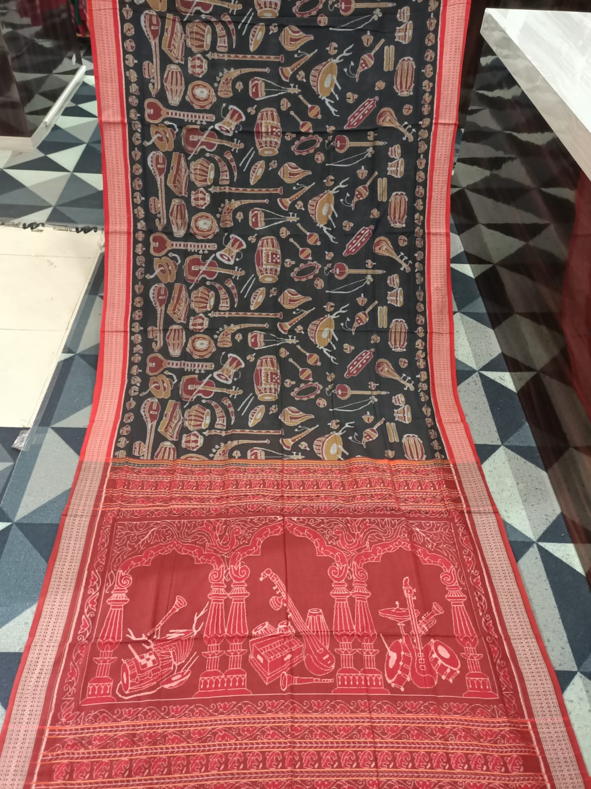 Black Red Musical Instrument Design Sambalpuri Cotton Saree