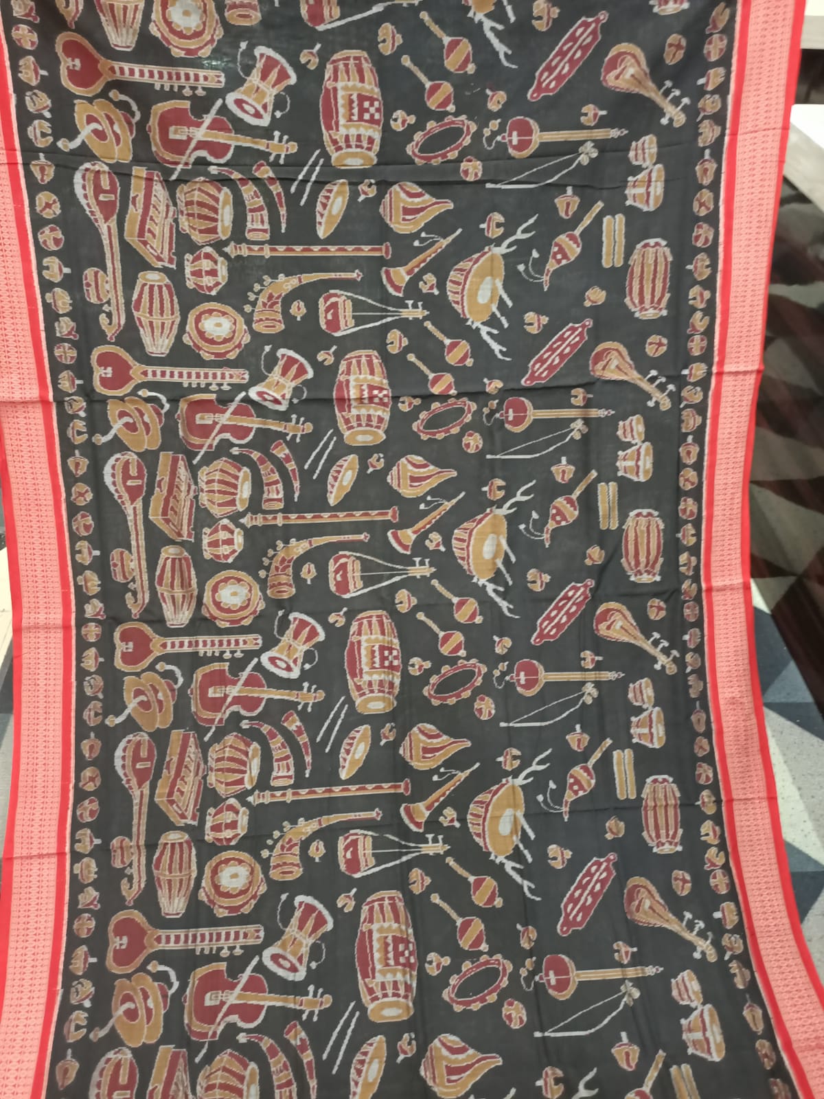 Black Red Musical Instrument Design Sambalpuri Cotton Saree