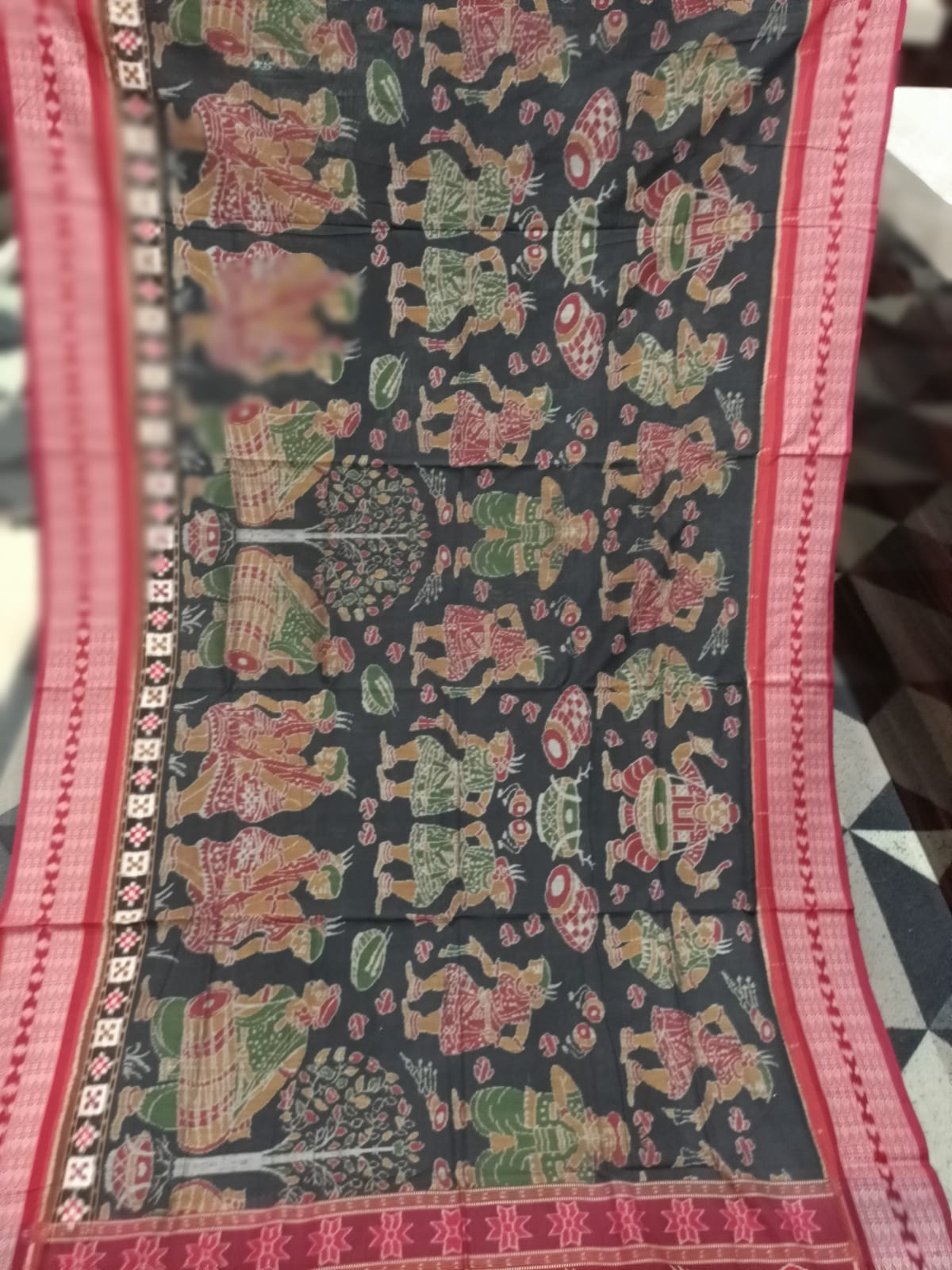 Black Maroon Body Multicolour Sambalpuri Dance Design Sambalpuri Cotton Saree