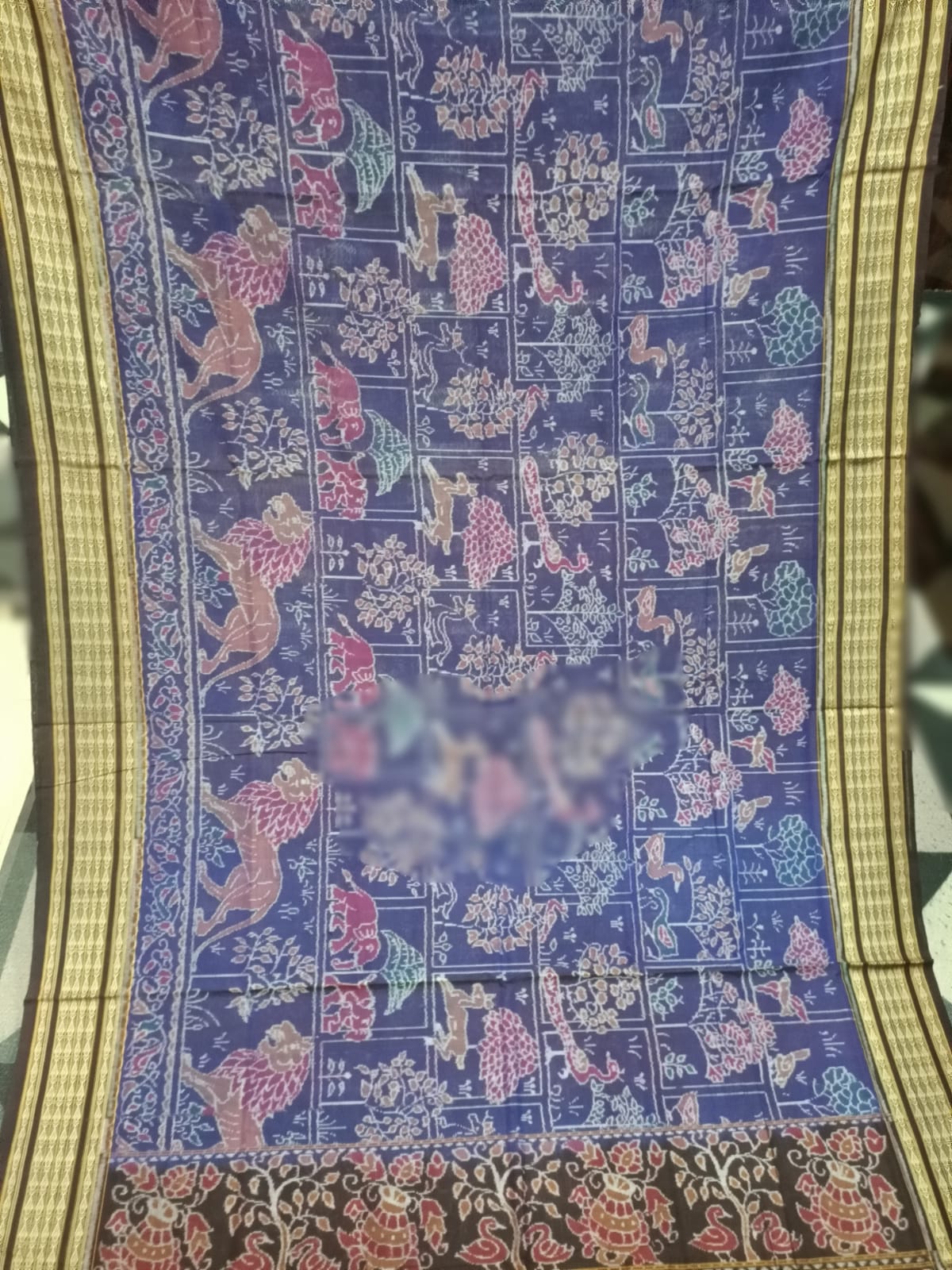Navy Blue Coffee Jangal Design Sambalpuri Cotton Saree