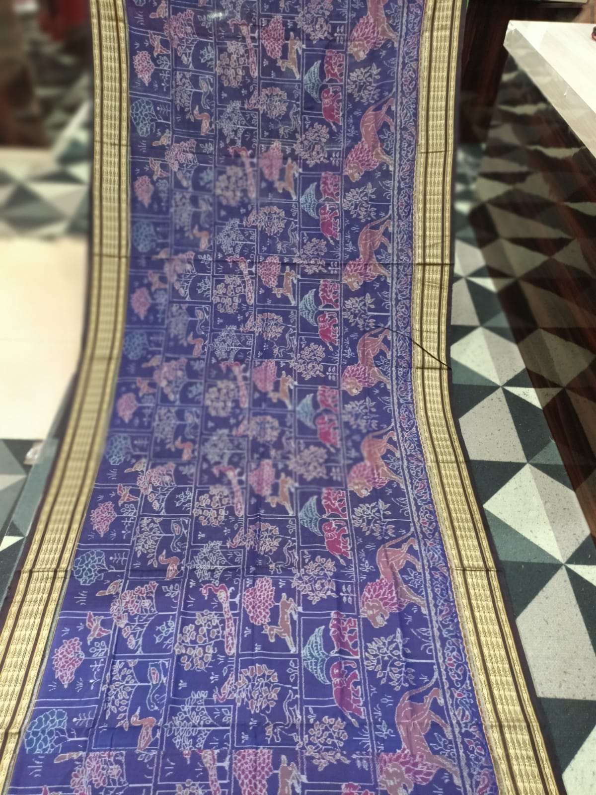 Navy Blue Coffee Jangal Design Sambalpuri Cotton Saree