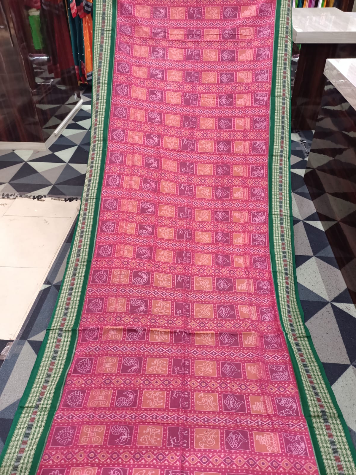 Peach Green Nabakothi Design Sambalpuri Cotton Saree