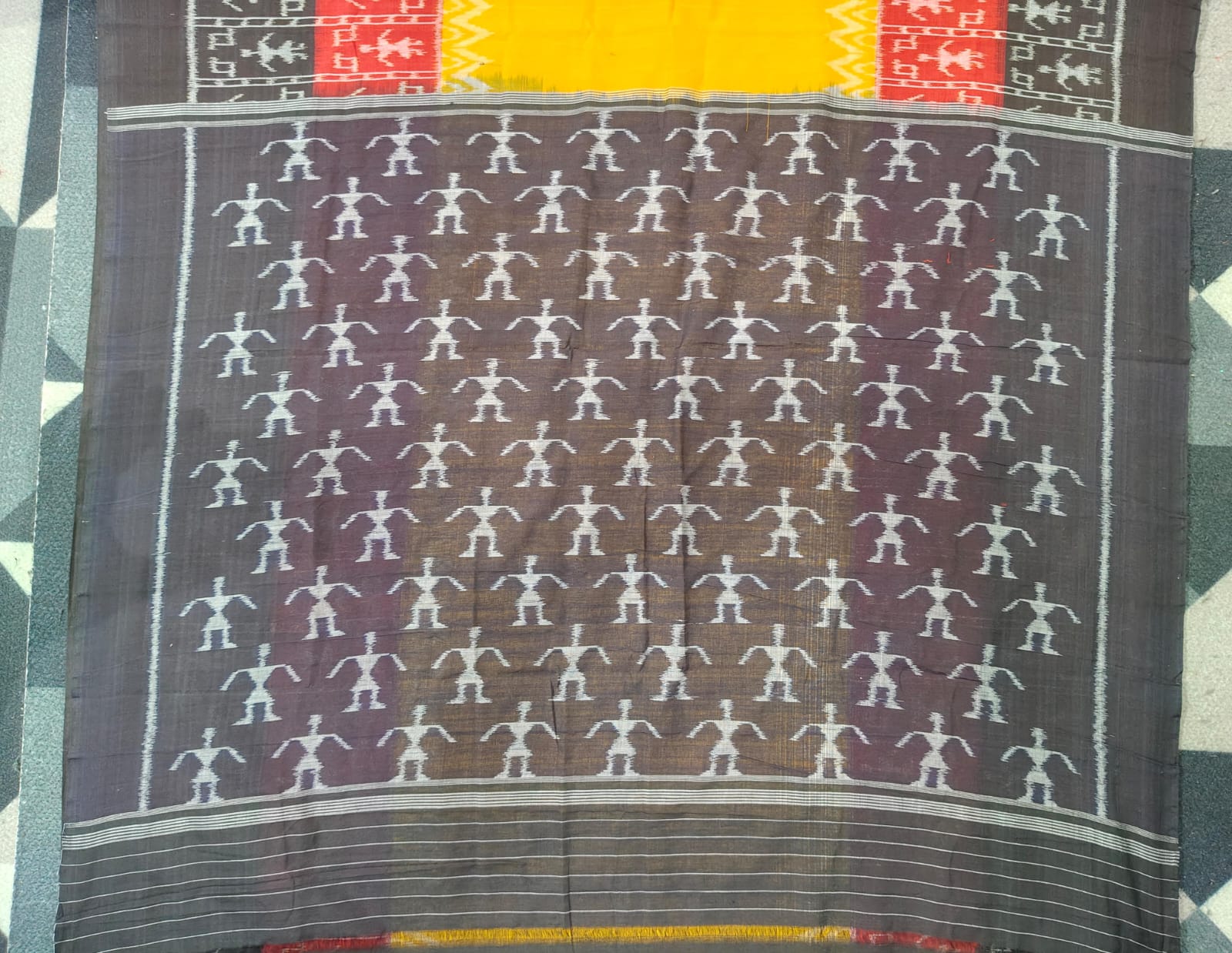 Yellow Black Red Scot Tribal Design Khandua Cotton Saree