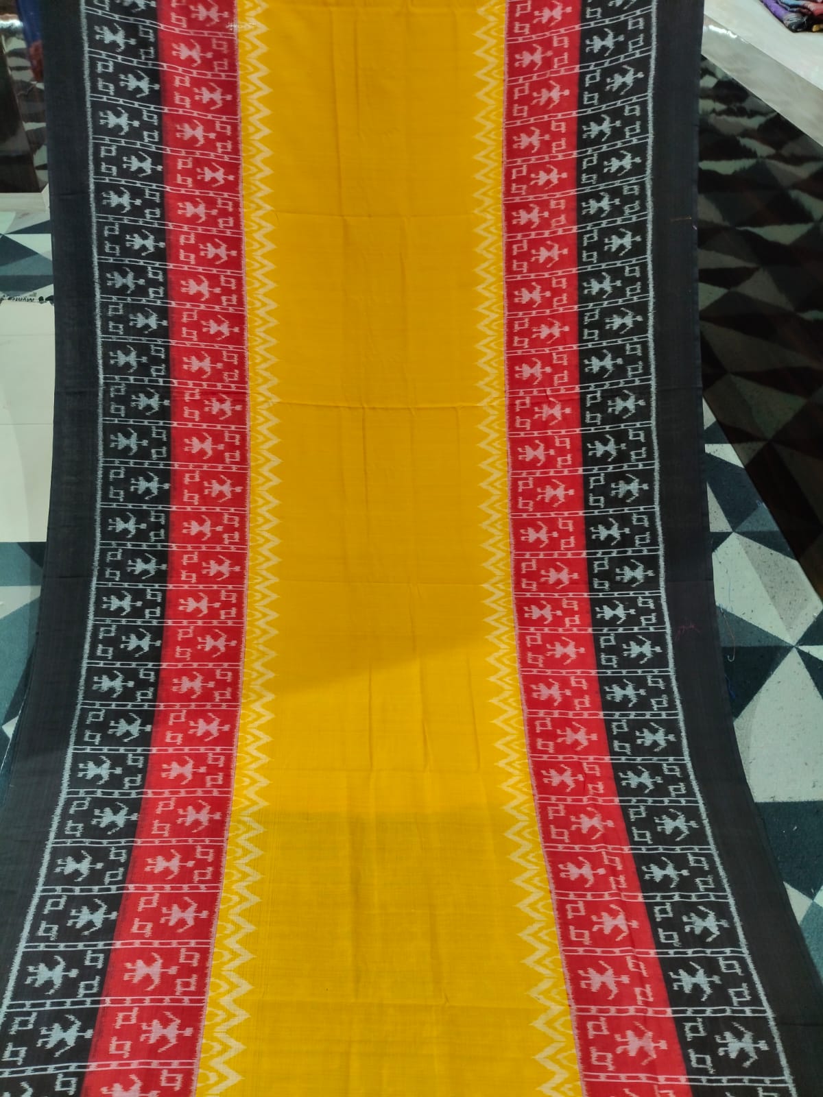 Yellow Black Red Scot Tribal Design Khandua Cotton Saree