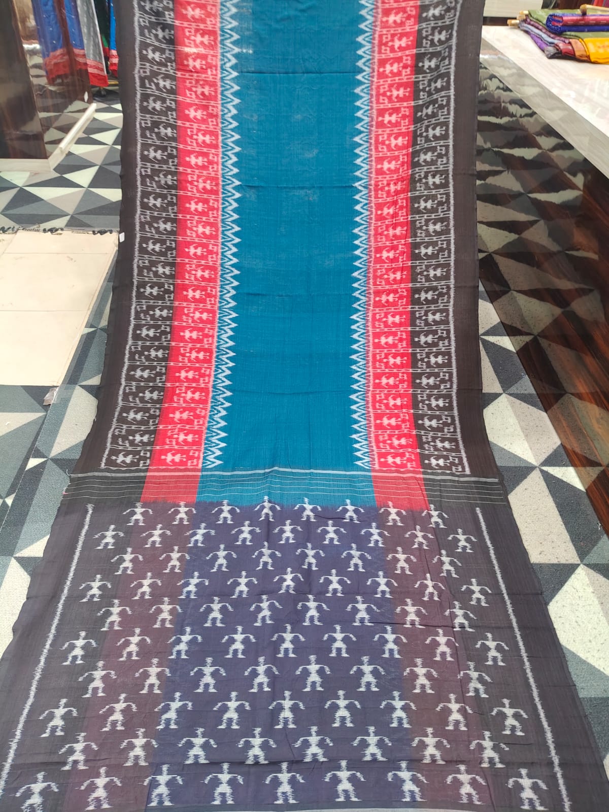 Teal Blue Black Red Scot Tribal Design Khandua Cotton Saree