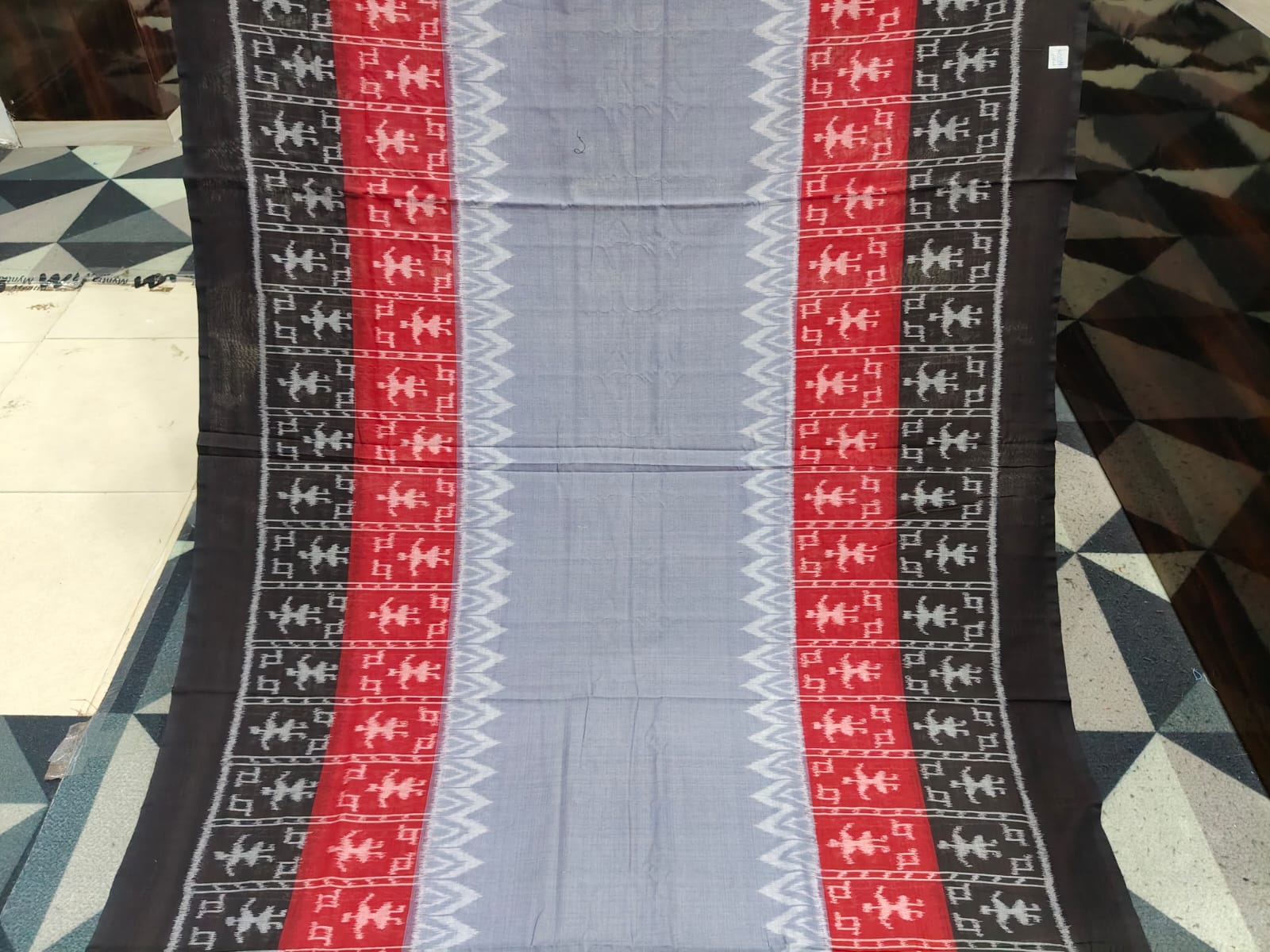 Grey Black Red Scot Tribal Design Khandua Cotton Saree