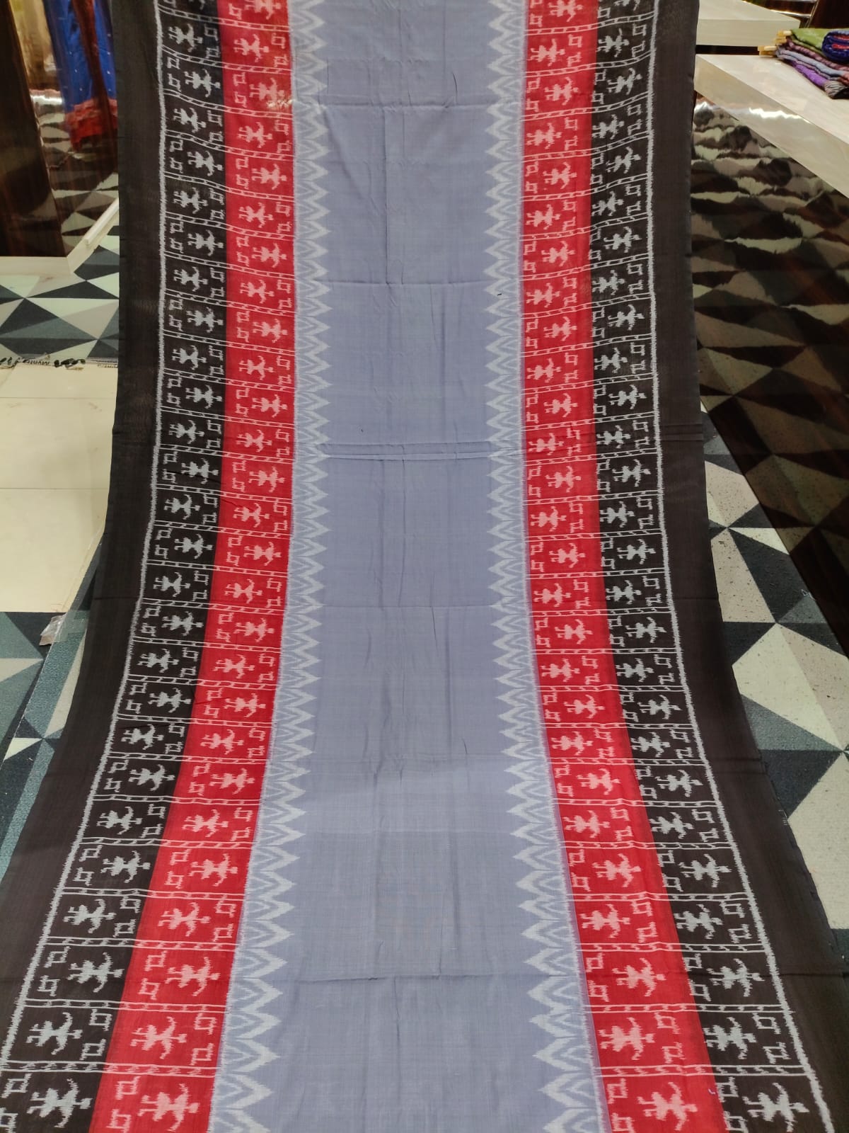 Grey Black Red Scot Tribal Design Khandua Cotton Saree