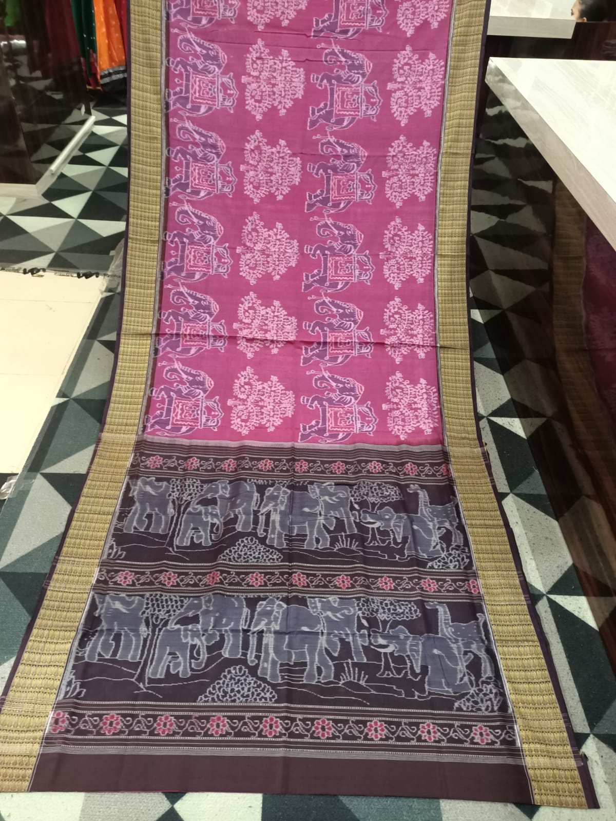 Magenta Coffee Elephant Design Sambalpuri Cotton Saree