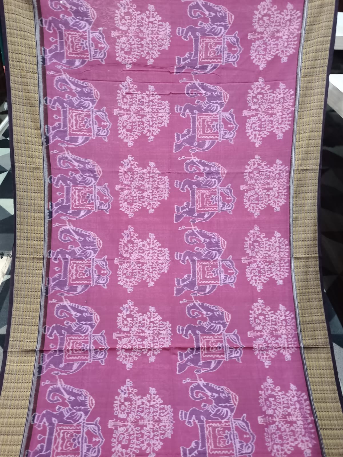 Magenta Coffee Elephant Design Sambalpuri Cotton Saree