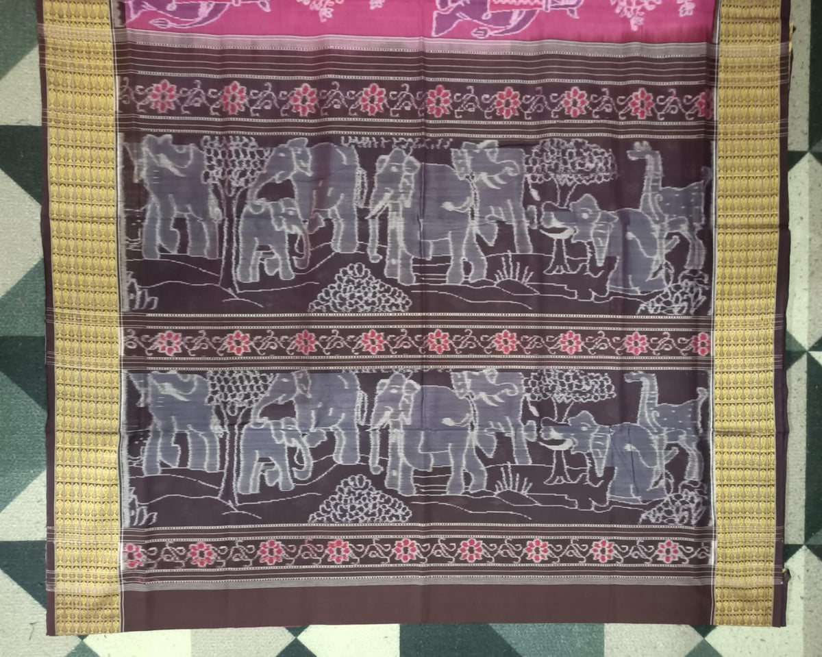 Magenta Coffee Elephant Design Sambalpuri Cotton Saree