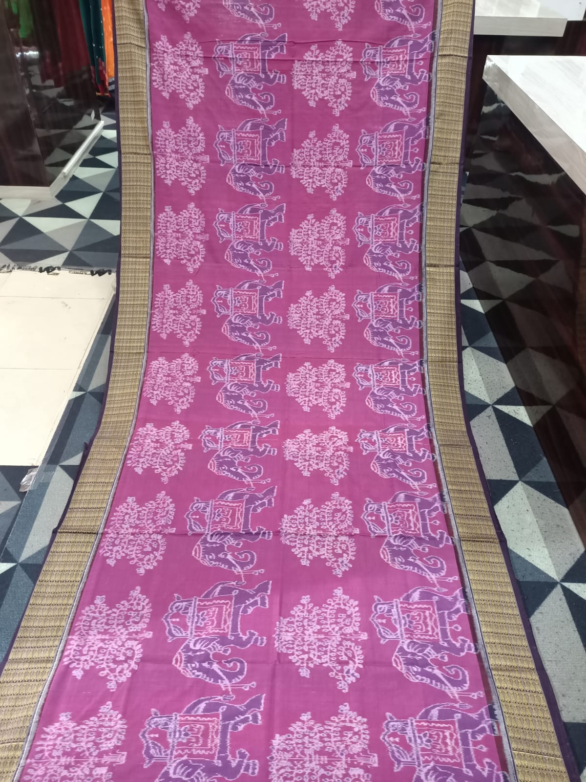 Magenta Coffee Elephant Design Sambalpuri Cotton Saree