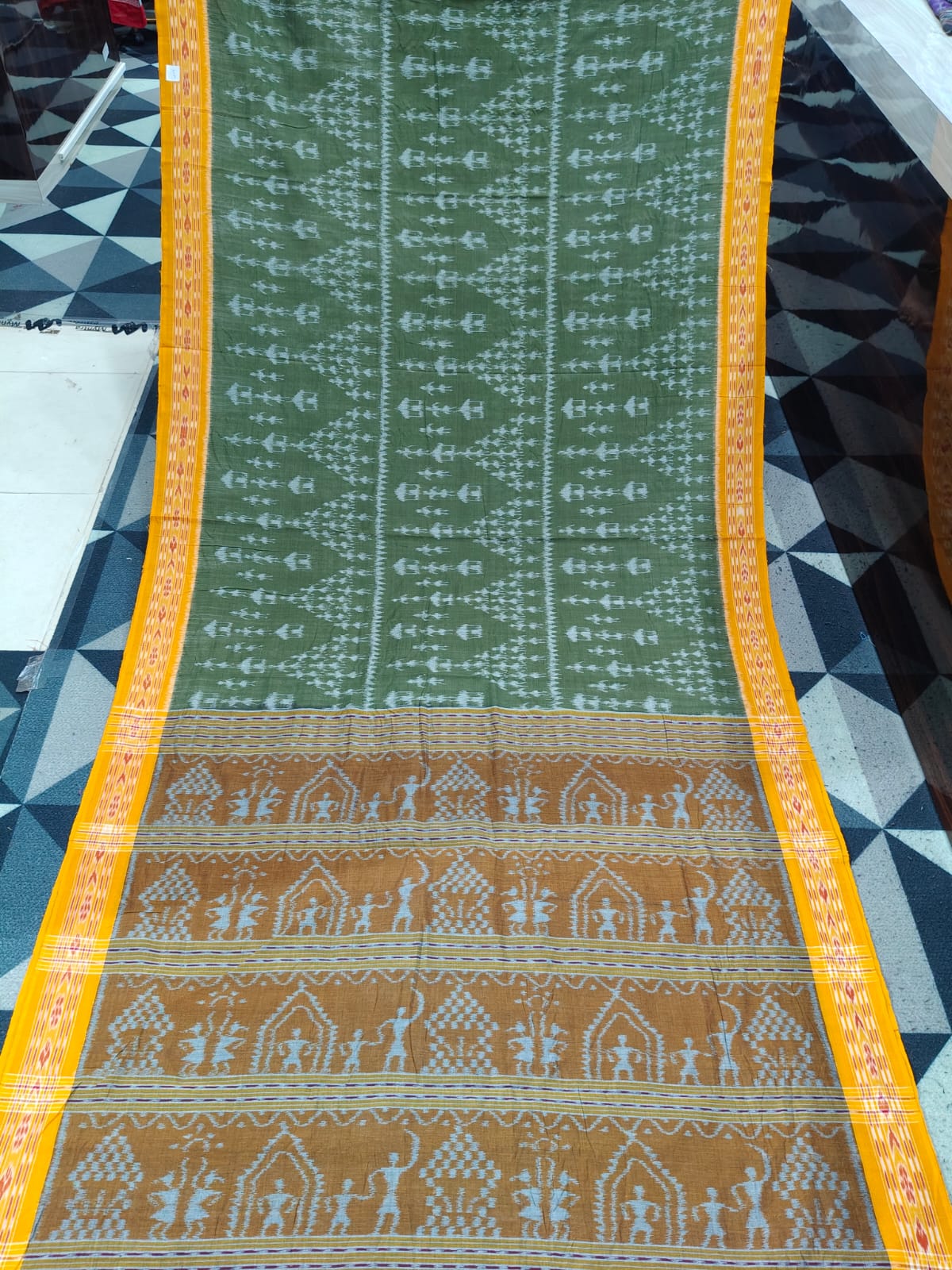 Mehendi Green Yellow Tribal Khandua Cotton Saree
