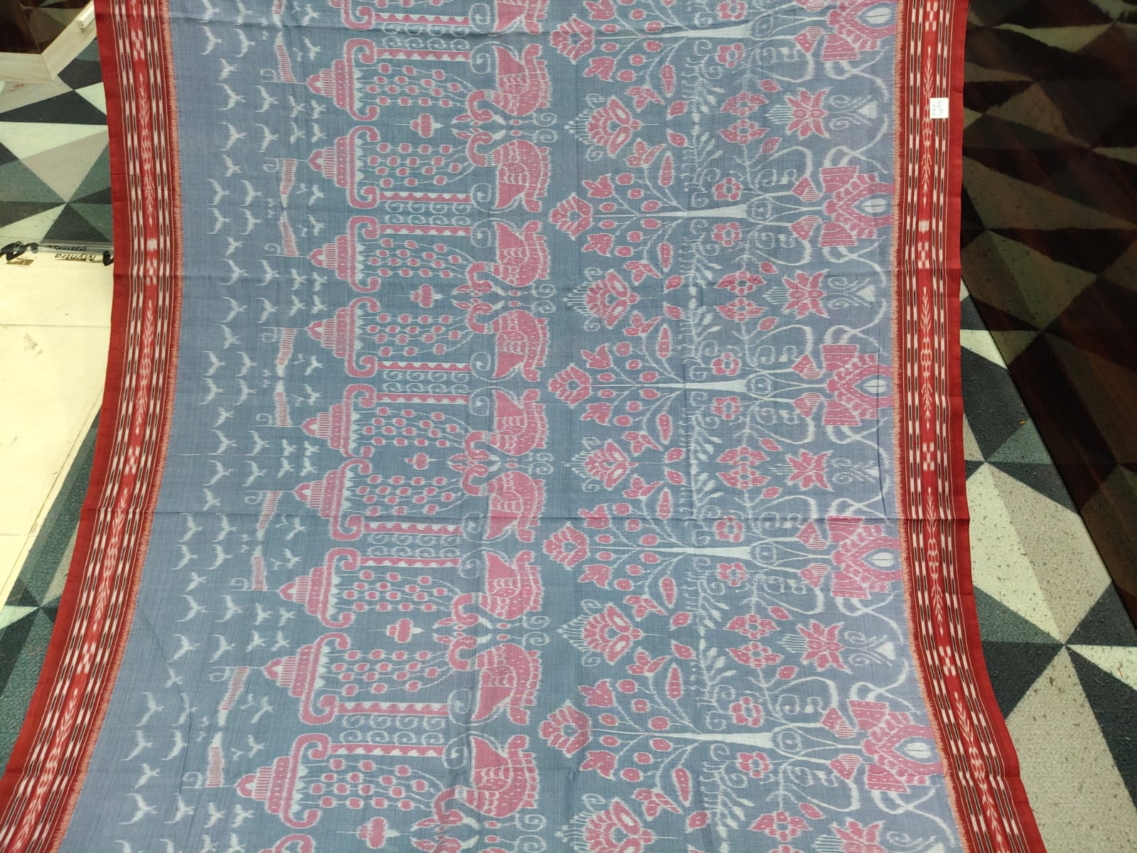 Grey Red Tree Design Khandua Cotton Saree