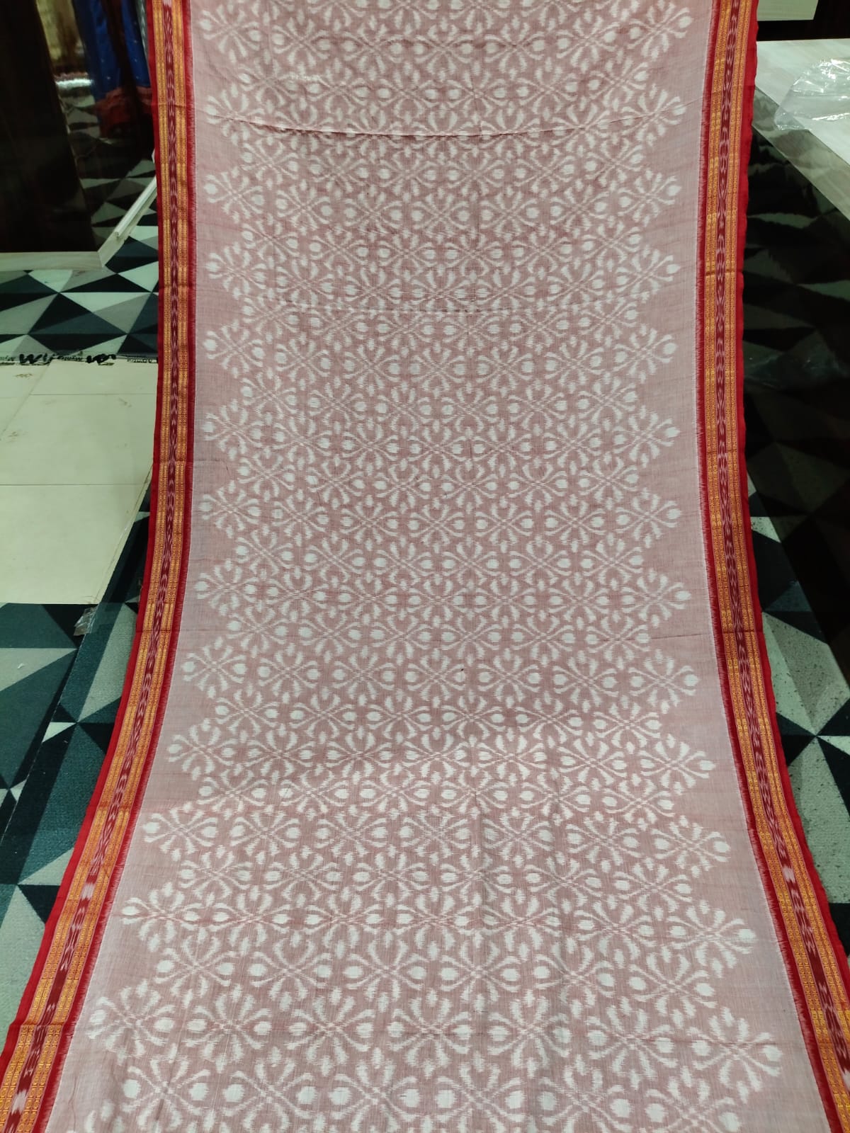 Peach Red Flower Design Khandua Cotton Saree