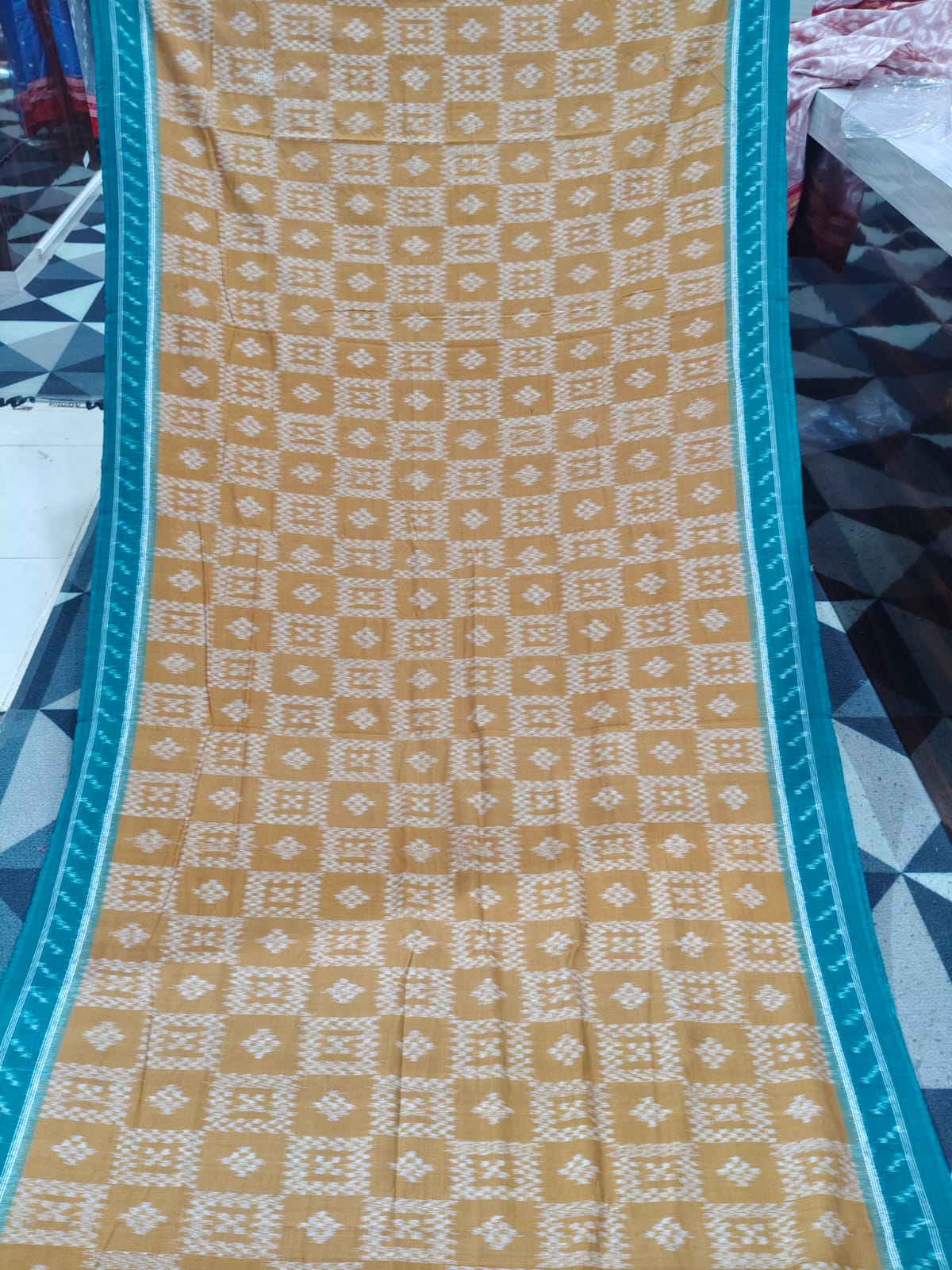 Mustard Yellow Rama Green Pasapali Khandua Cotton Saree