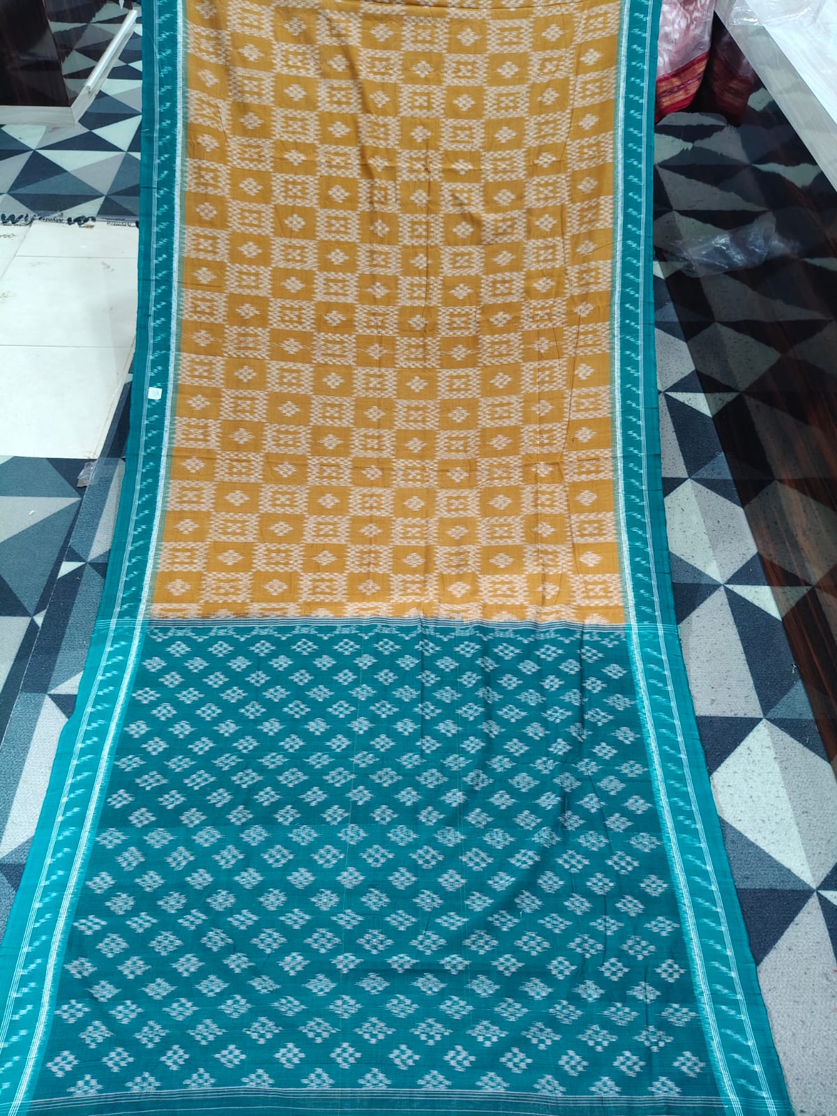 Mustard Yellow Rama Green Pasapali Khandua Cotton Saree
