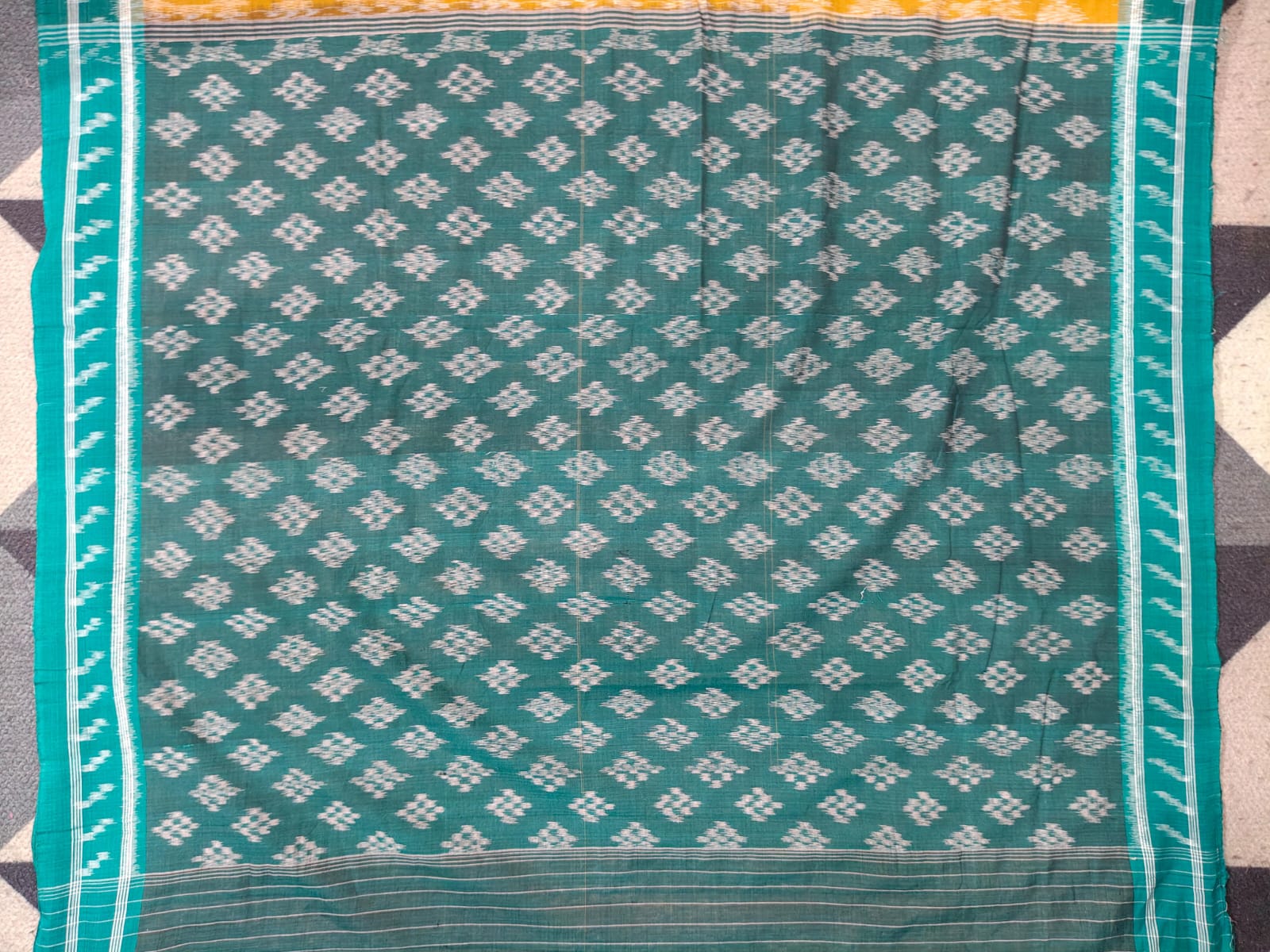 Mustard Yellow Rama Green Pasapali Khandua Cotton Saree