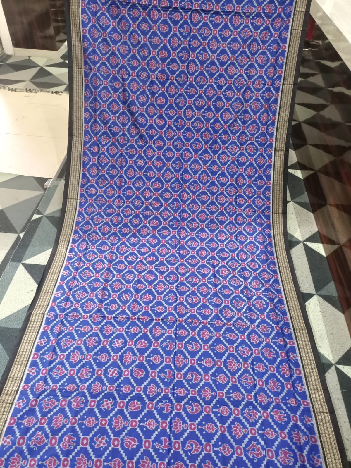 Blue Black Traditional Motive Design Sambalpuri Cotton Saree