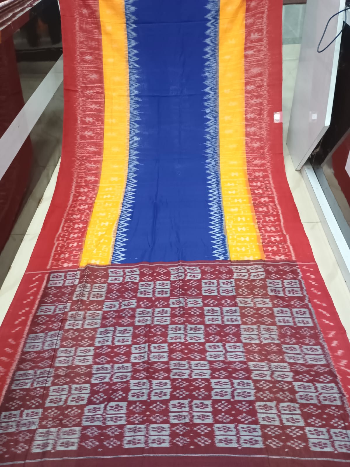 Blue Red Scot Tribal Design Khandua Cotton Saree