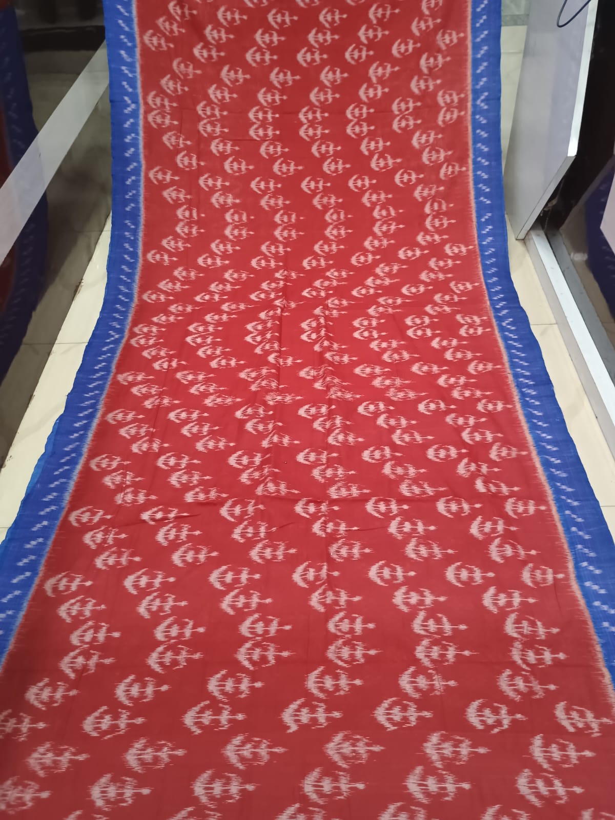 Maroon Blue Tribal Design Khandua Cotton Saree