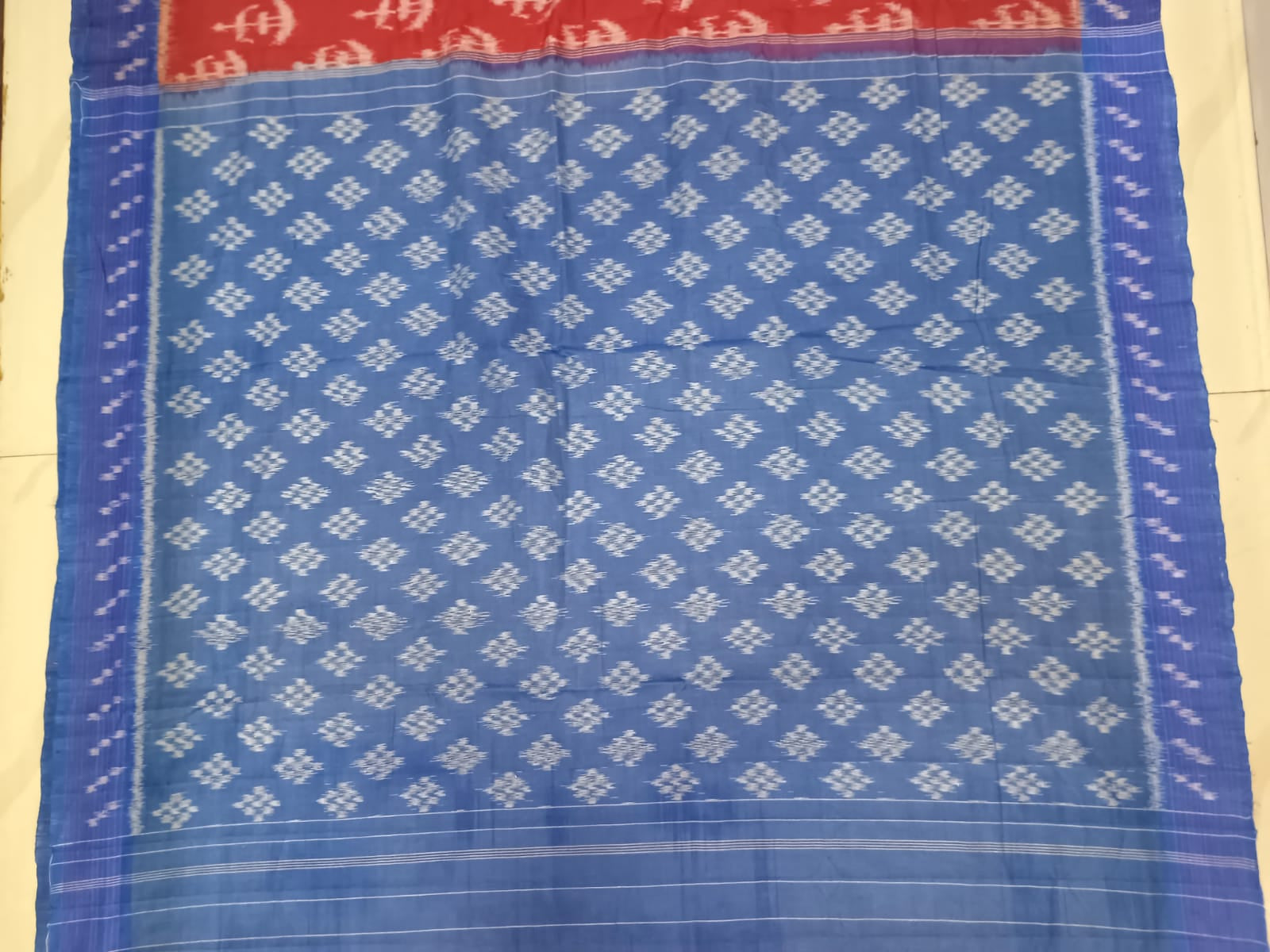 Maroon Blue Tribal Design Khandua Cotton Saree