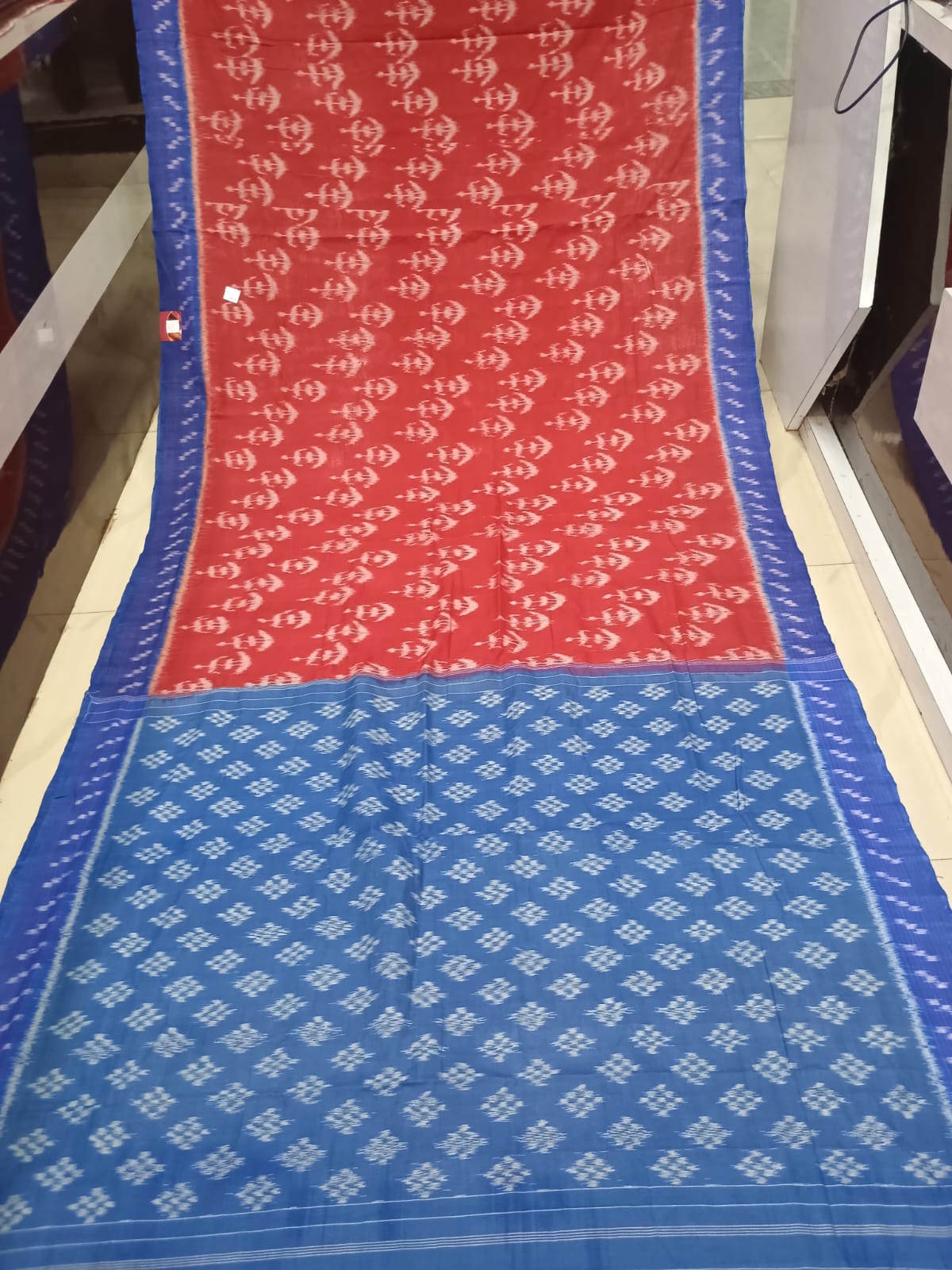 Maroon Blue Tribal Design Khandua Cotton Saree