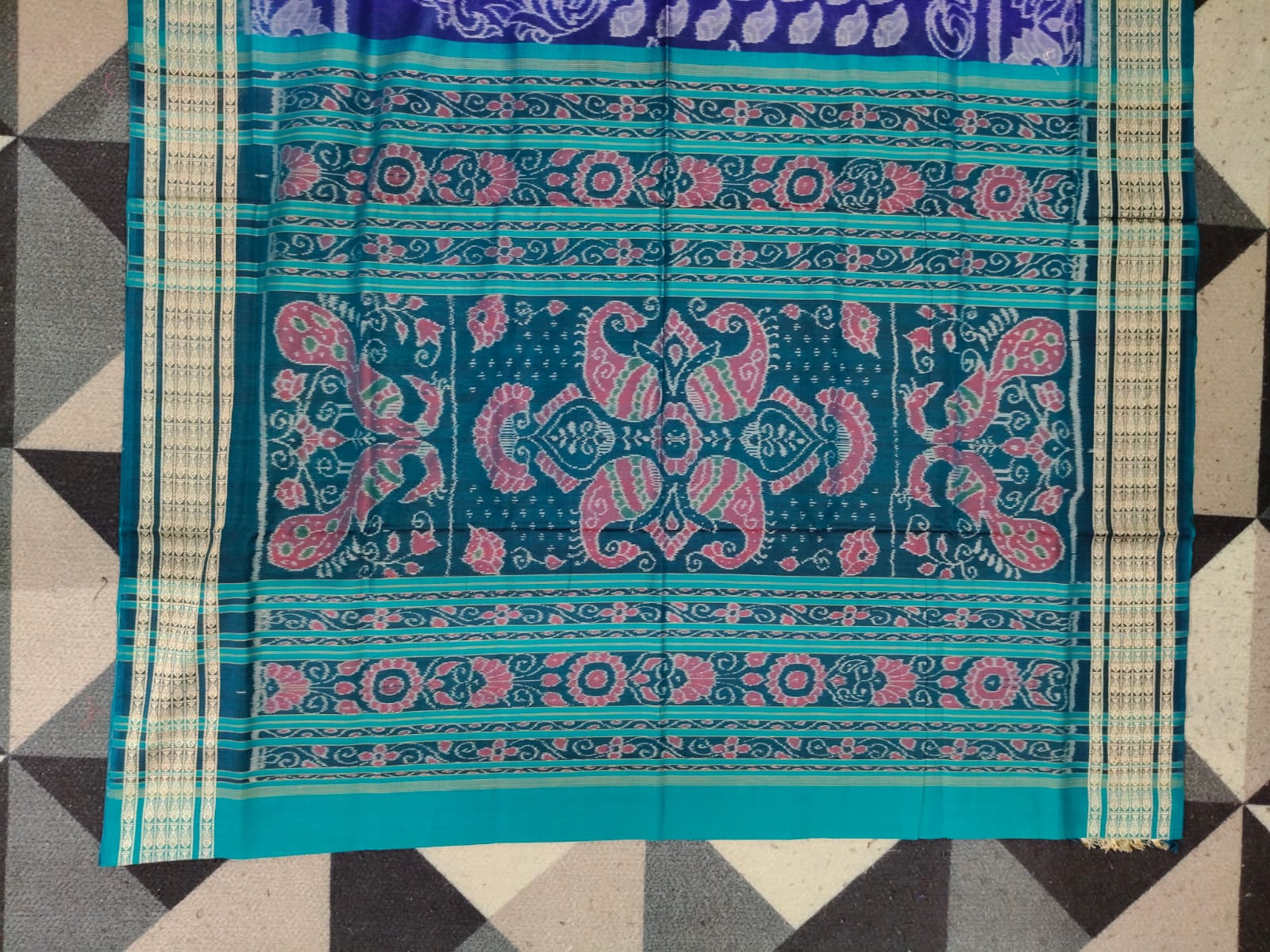 Blue Sea Green Full Body Sankha & Scot Lotus Design Sambalpuri Cotton Saree
