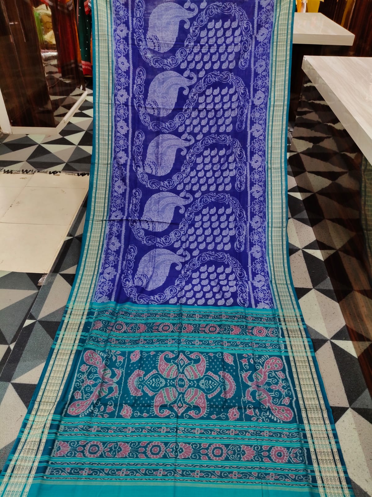 Blue Sea Green Full Body Sankha & Scot Lotus Design Sambalpuri Cotton Saree