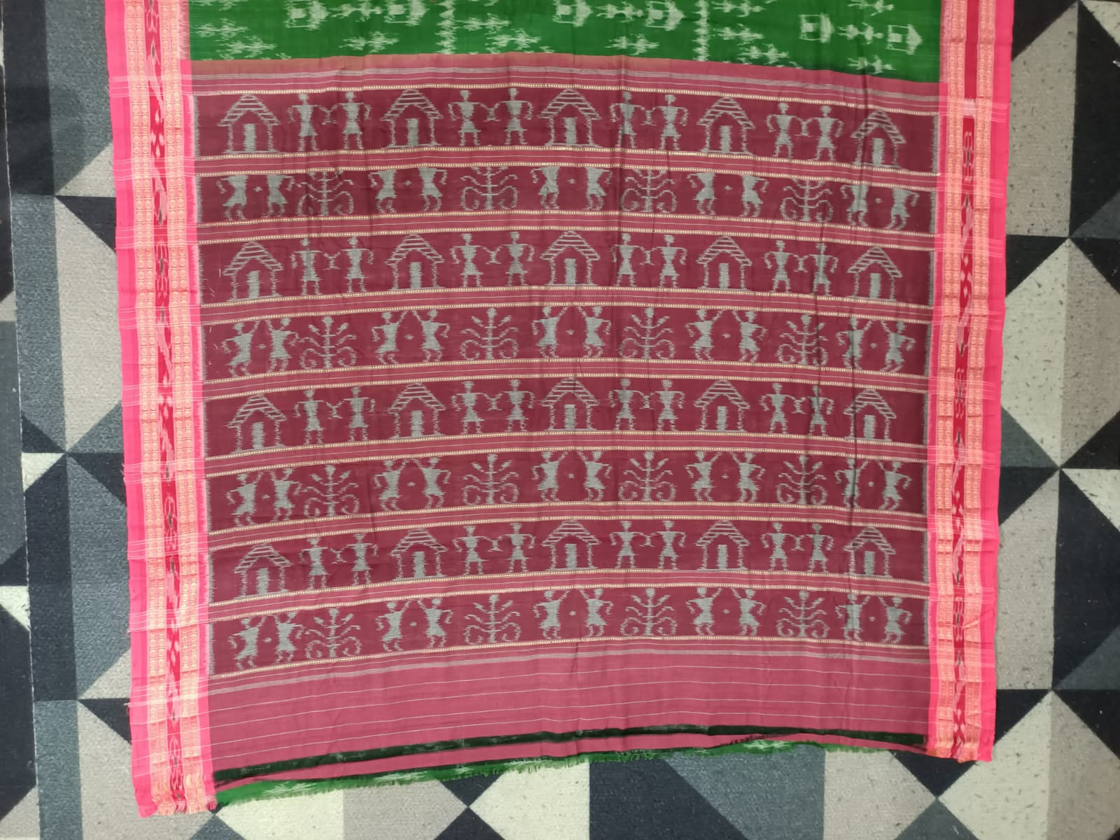 Green Pink Tribal Design Khandua Cotton Saree
