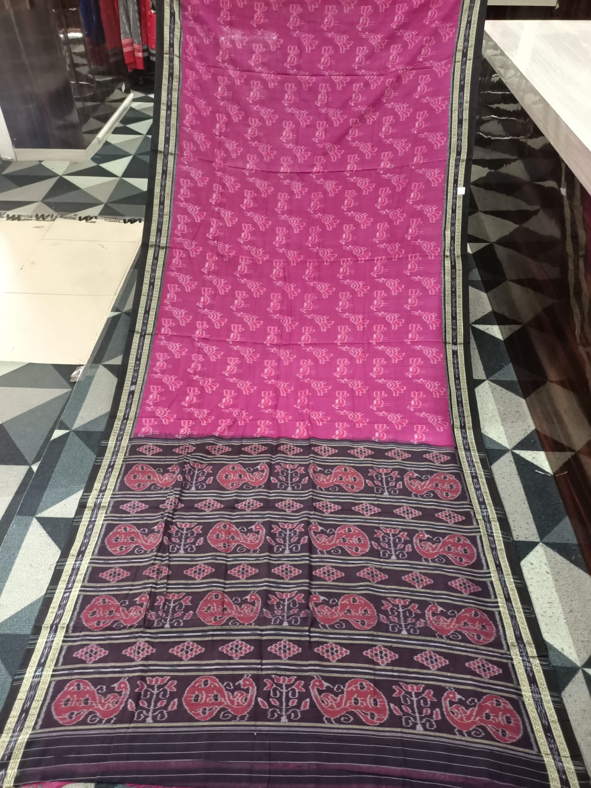 Magenta Black Birds Design Khandua Cotton Saree