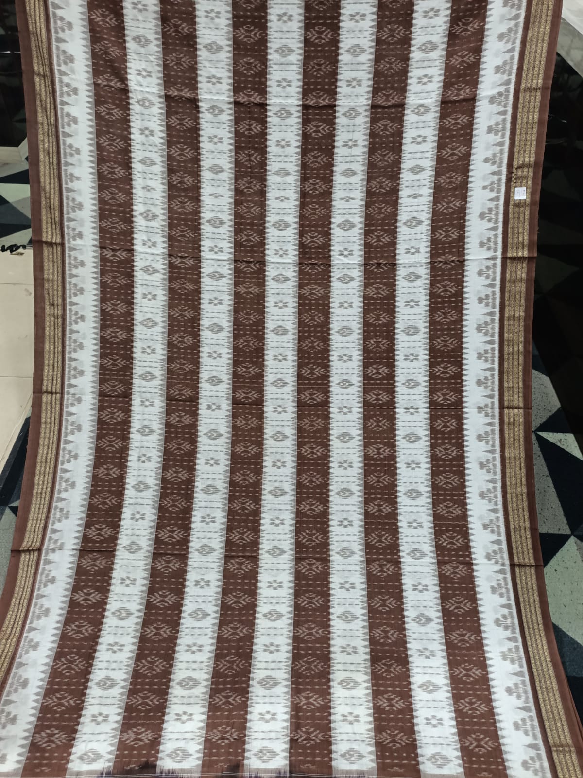 White Brown Ekat Design Khandua Cotton Saree