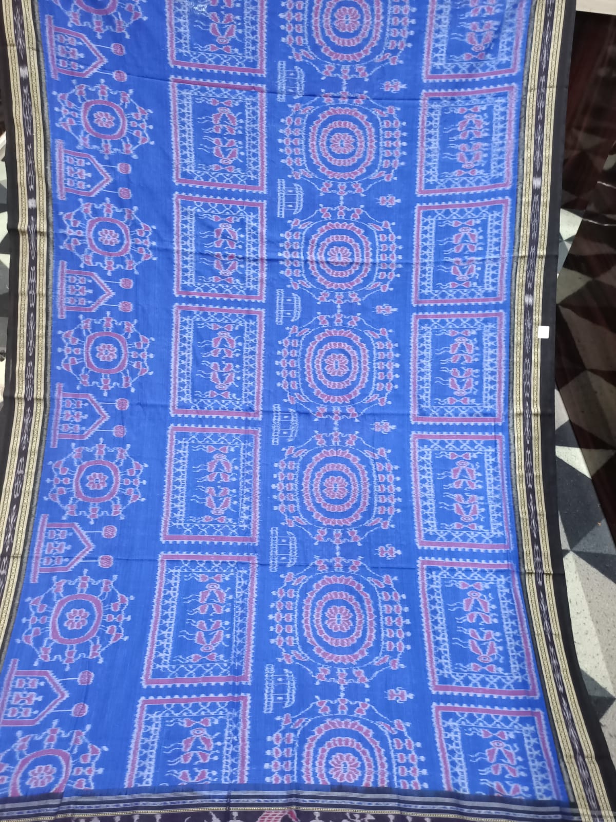 Blue Black Tribal Design Khandua Cotton Saree