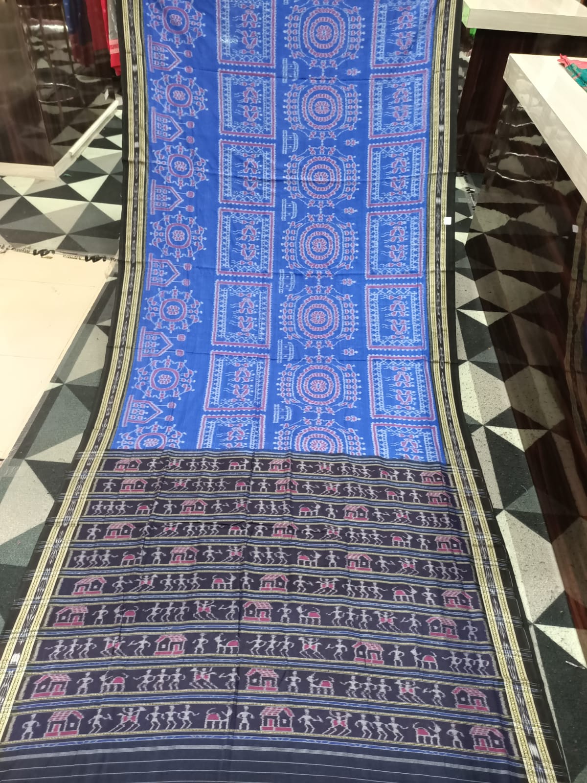 Blue Black Tribal Design Khandua Cotton Saree