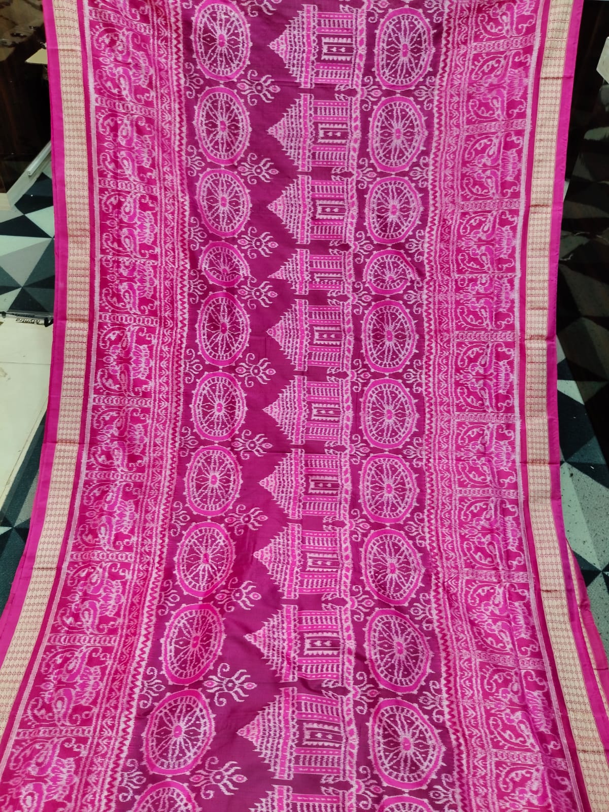 Rani Pink Konark Temple & Wheel Sambalpuri Semi Silk Saree