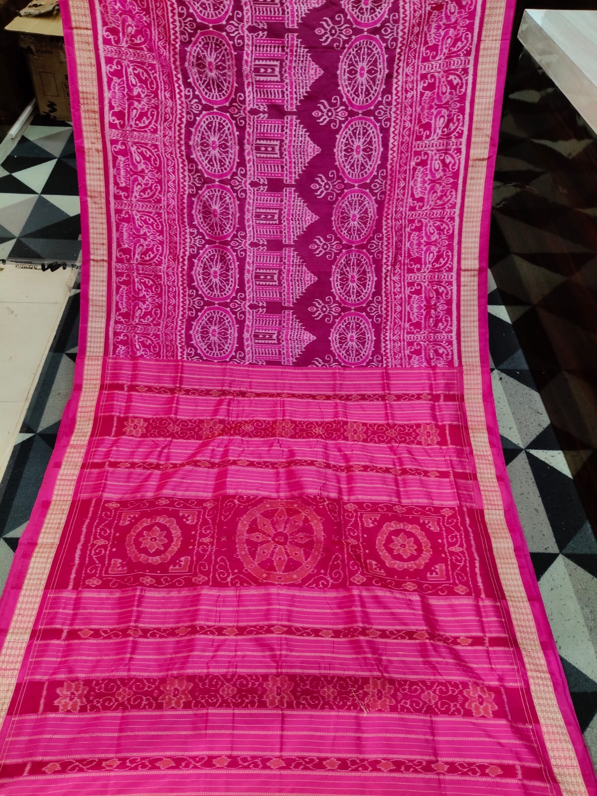 Rani Pink Konark Temple & Wheel Sambalpuri Semi Silk Saree
