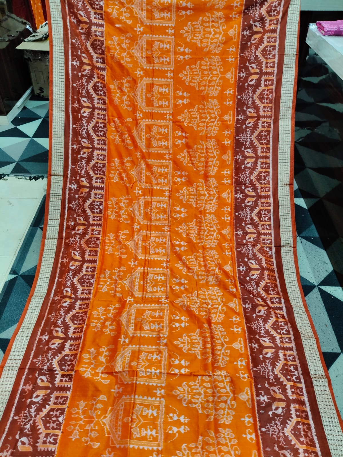 Orange Coffee Tribal & Tree Sambalpuri Semi Silk Saree
