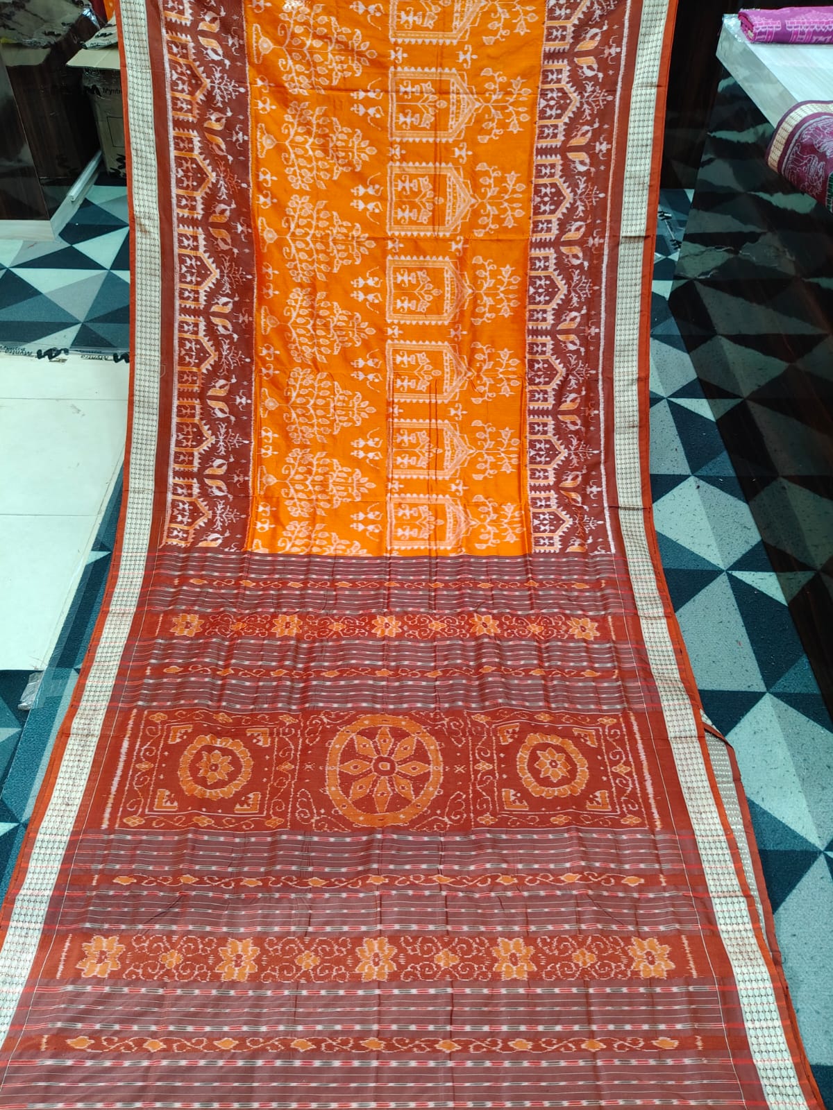 Orange Coffee Tribal & Tree Sambalpuri Semi Silk Saree