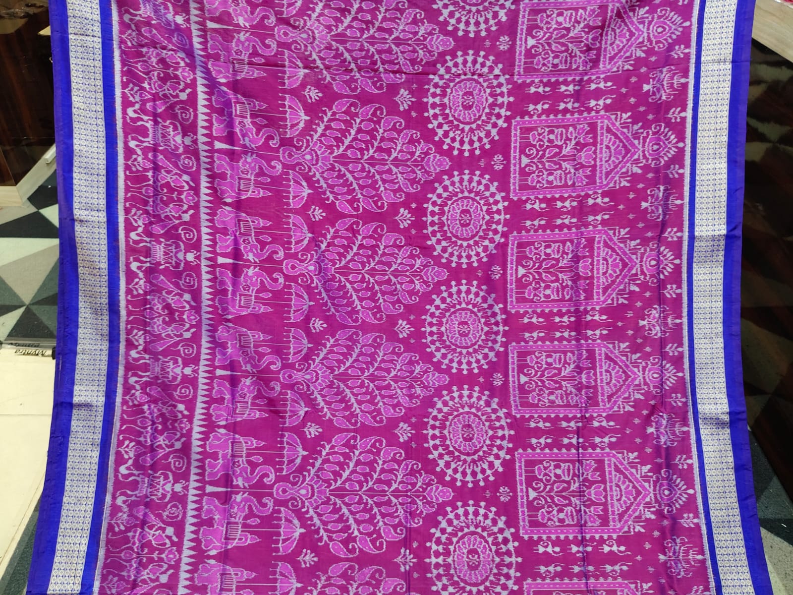Magenta Blue Round Tribal Tree & Scot Elephant Sambalpuri Semi Silk Saree