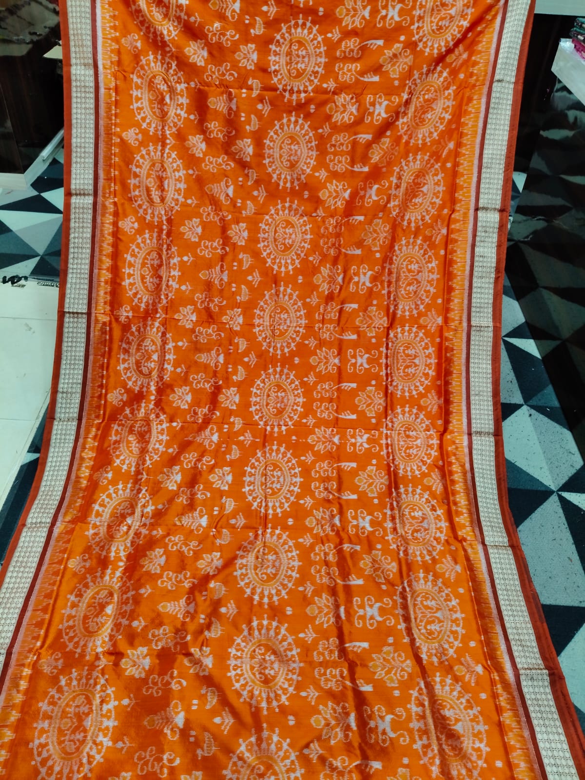 Orange Coffee Round Tribal & Tree Sambalpuri Semi Silk Saree
