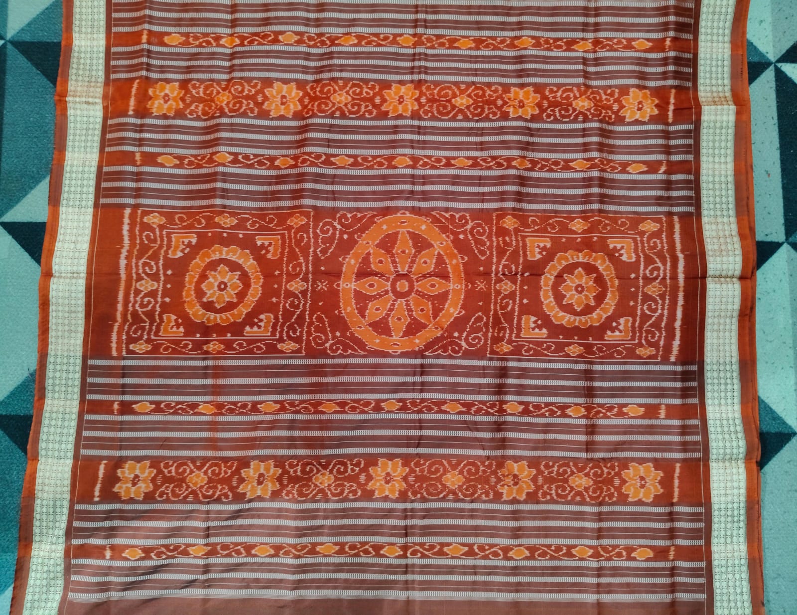 Orange Coffee Round Tribal & Tree Sambalpuri Semi Silk Saree