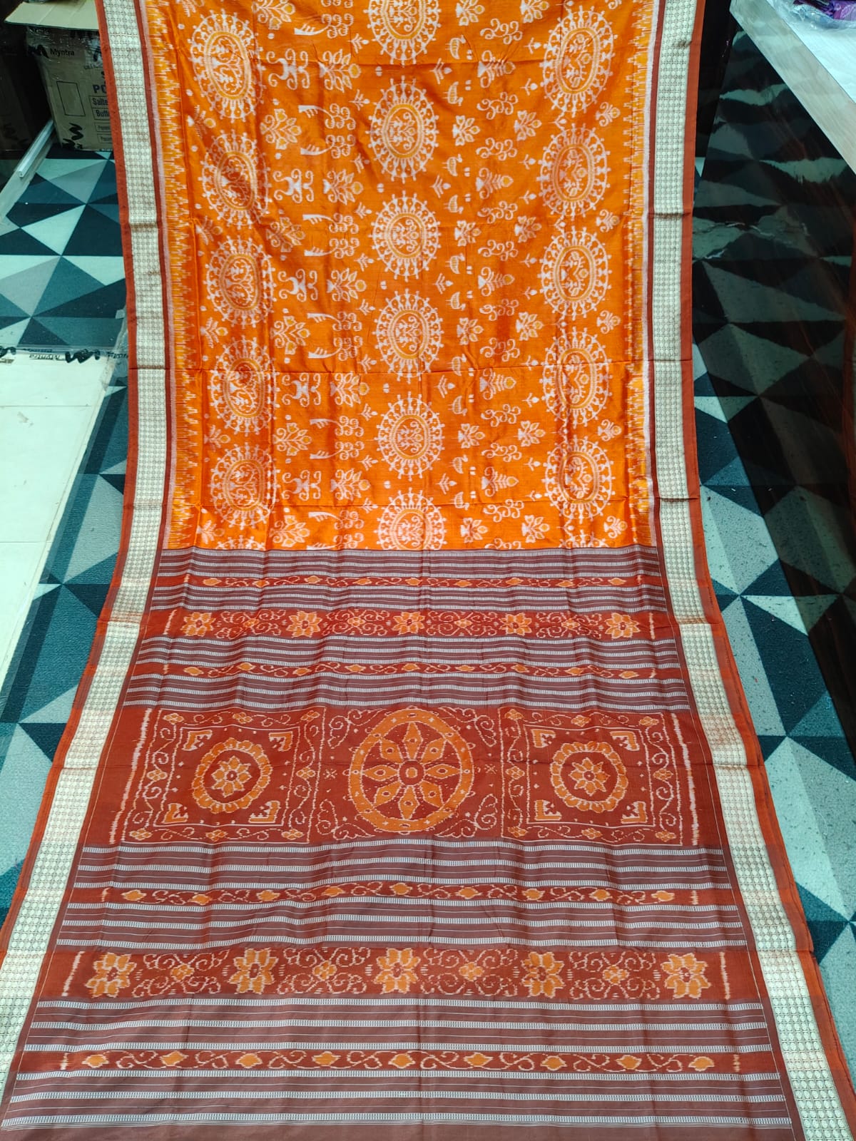 Orange Coffee Round Tribal & Tree Sambalpuri Semi Silk Saree