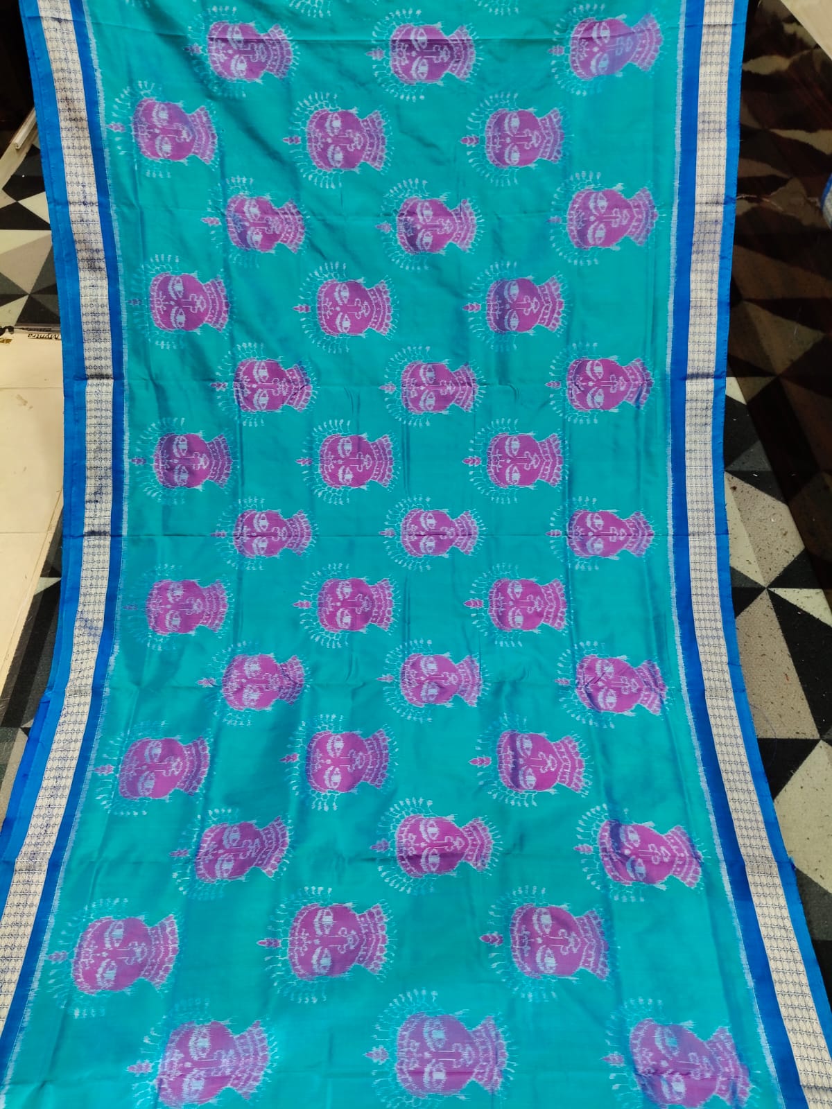 Sea Green Copper Sulphate Magenta Odishi Face Sambalpuri Semi Silk Saree