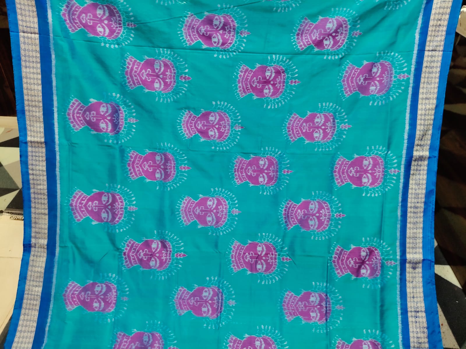Sea Green Copper Sulphate Magenta Odishi Face Sambalpuri Semi Silk Saree
